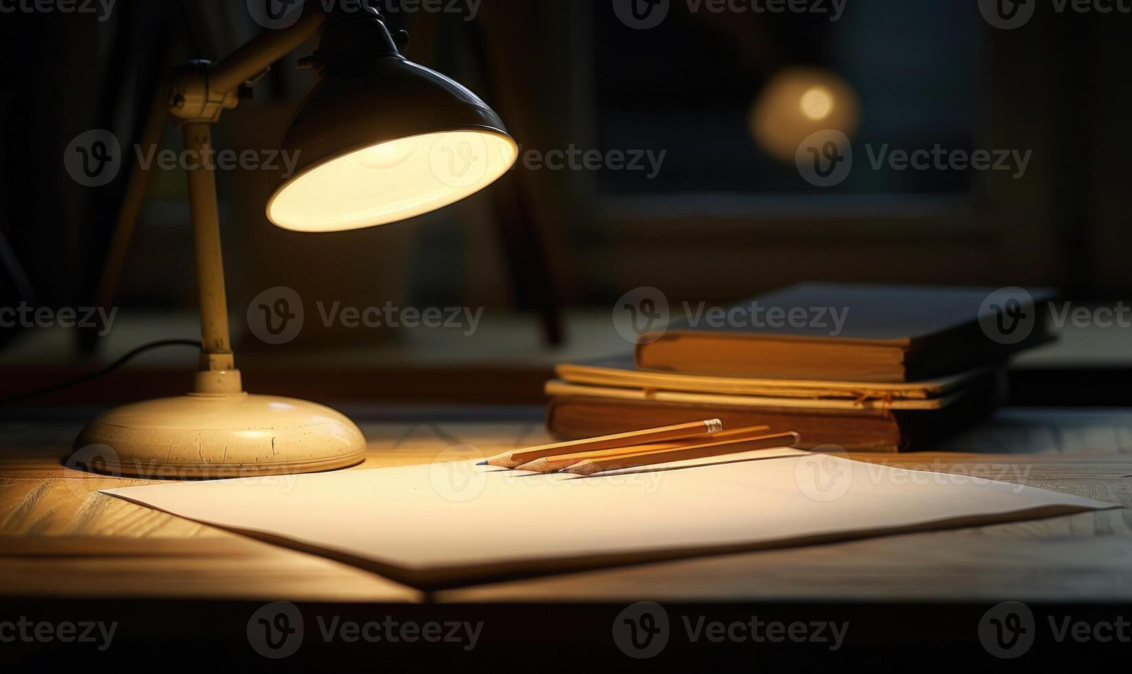 Graphite pencils and white paper illuminated by the soft glow of a desk lamp photo
