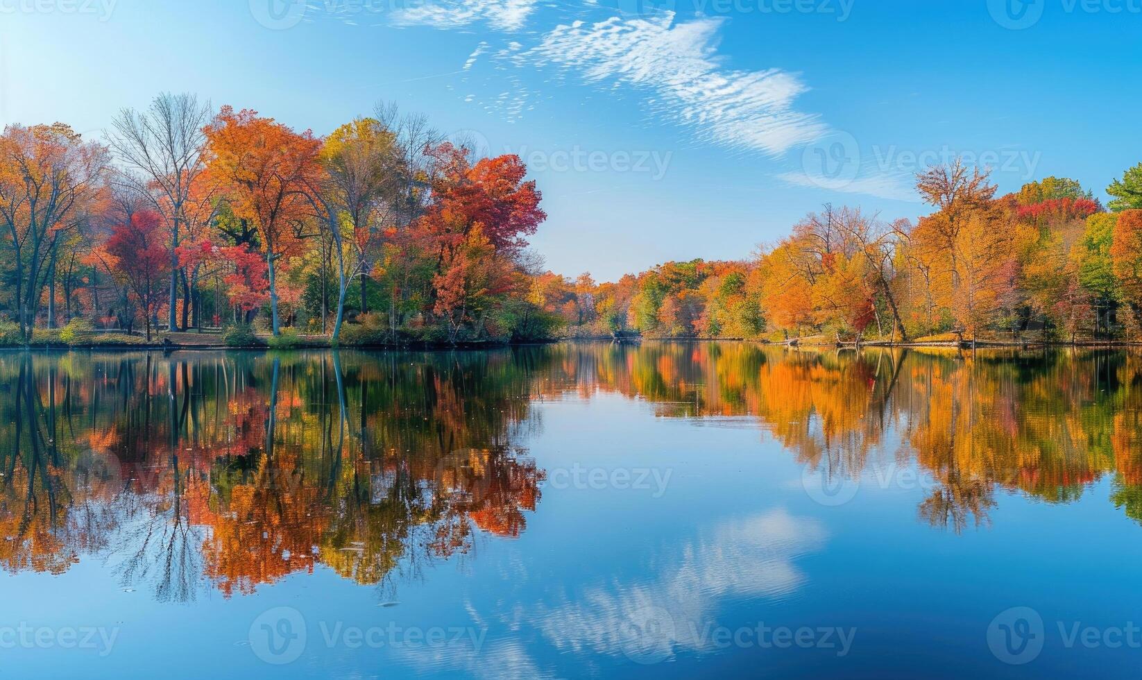 Autumn foliage reflected in the calm waters of the lake, nature background photo
