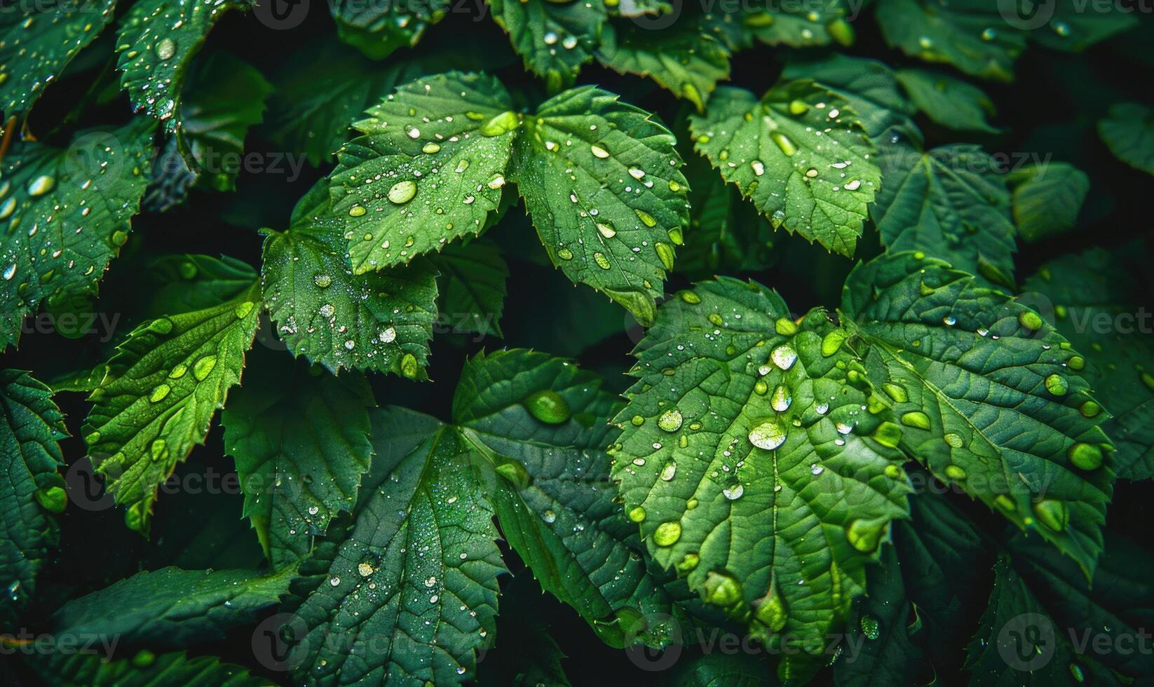 Close-up of raindrops clinging to vibrant green leaves in a lush garden photo