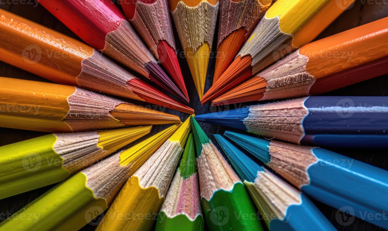 Colored pencils arranged in a circular pattern photo