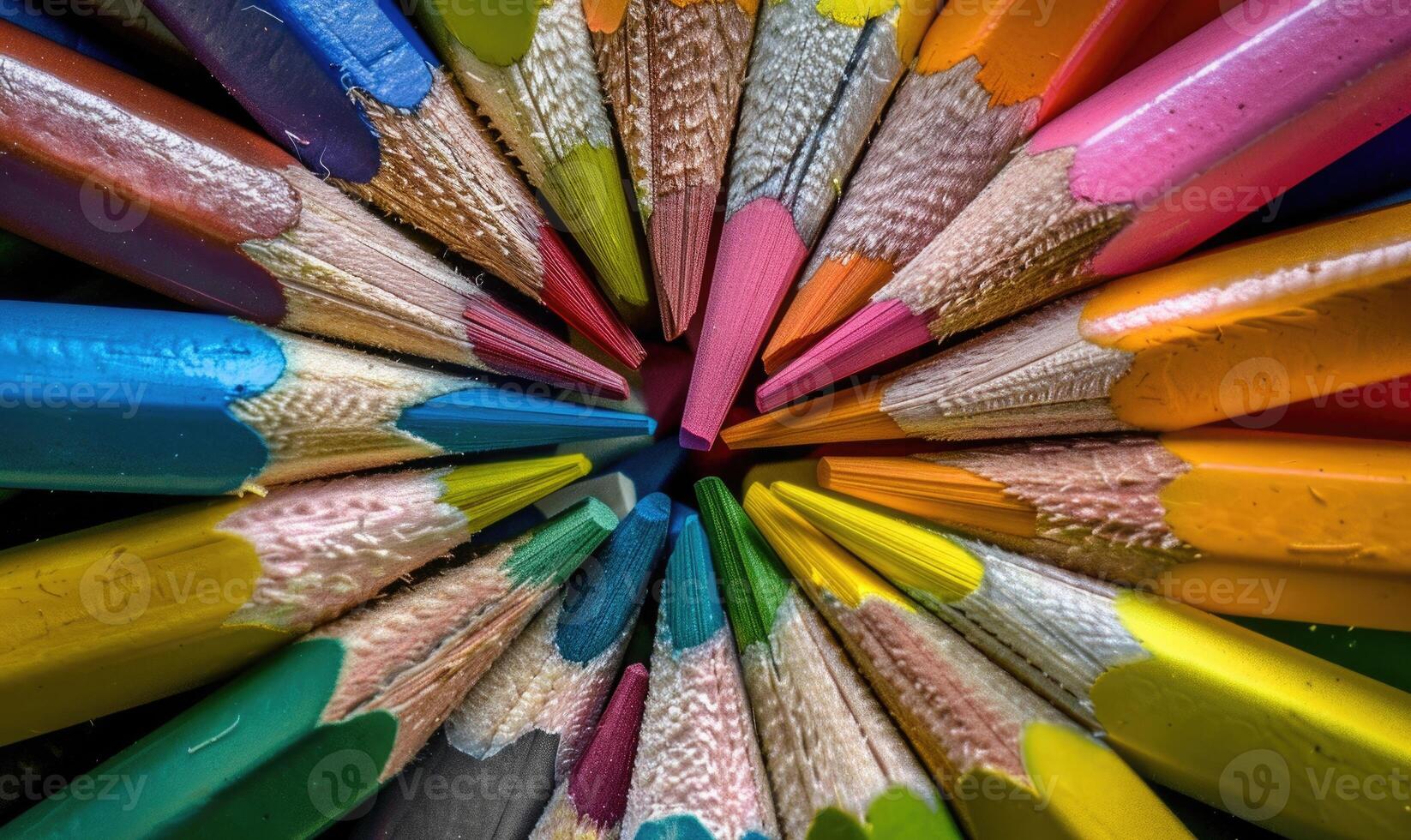 Colored pencils arranged in a circular pattern photo