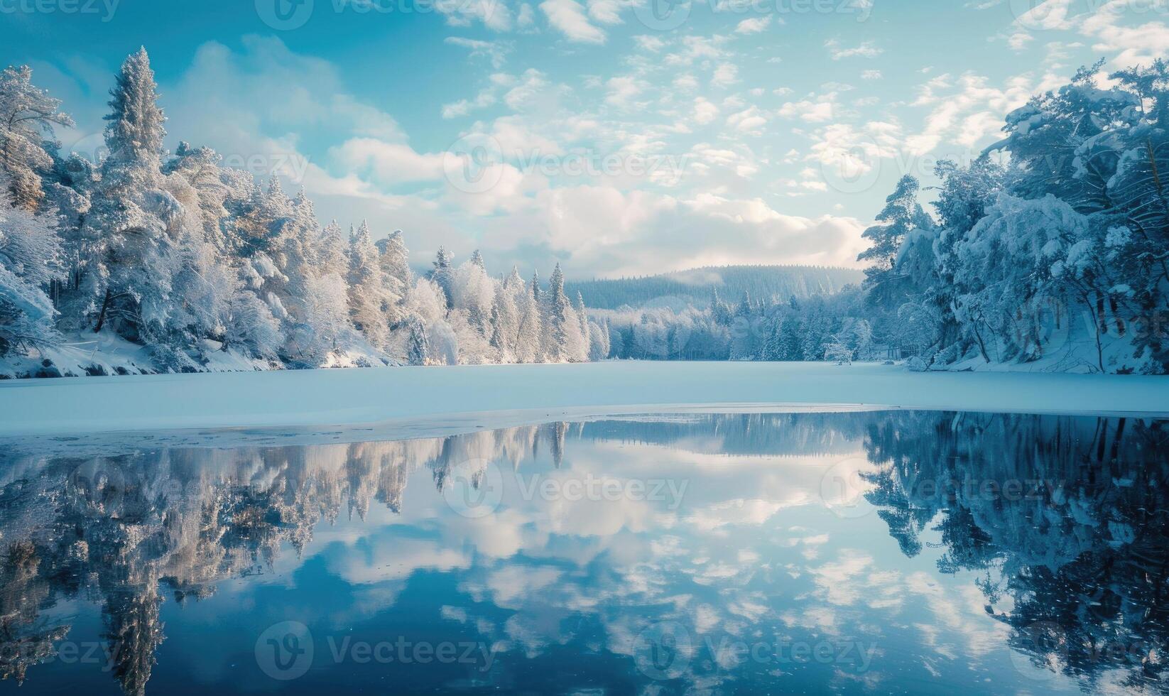 A winter landscape with a frozen lake and snow-covered forest photo