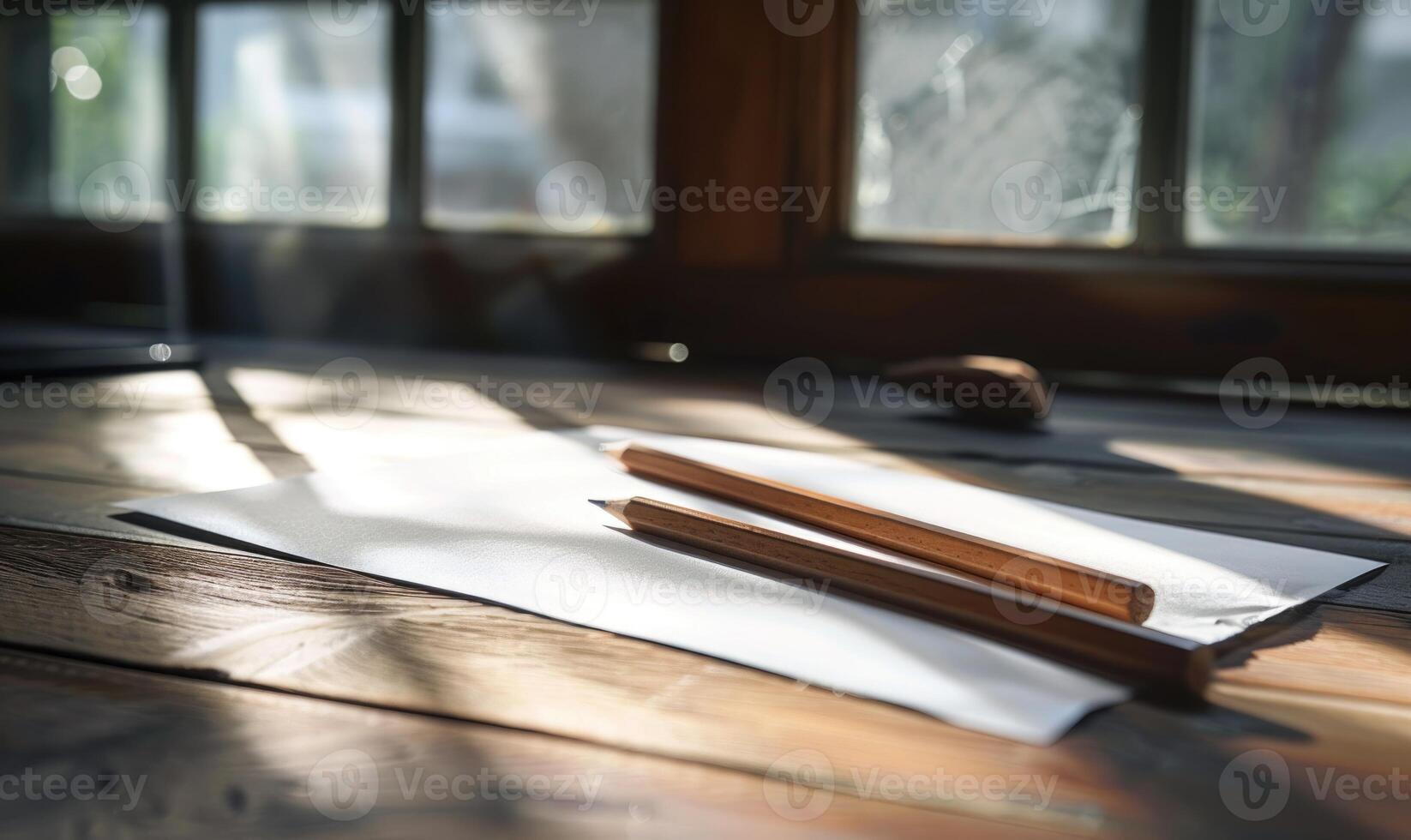 Graphite pencils and white paper illuminated by natural through a window photo