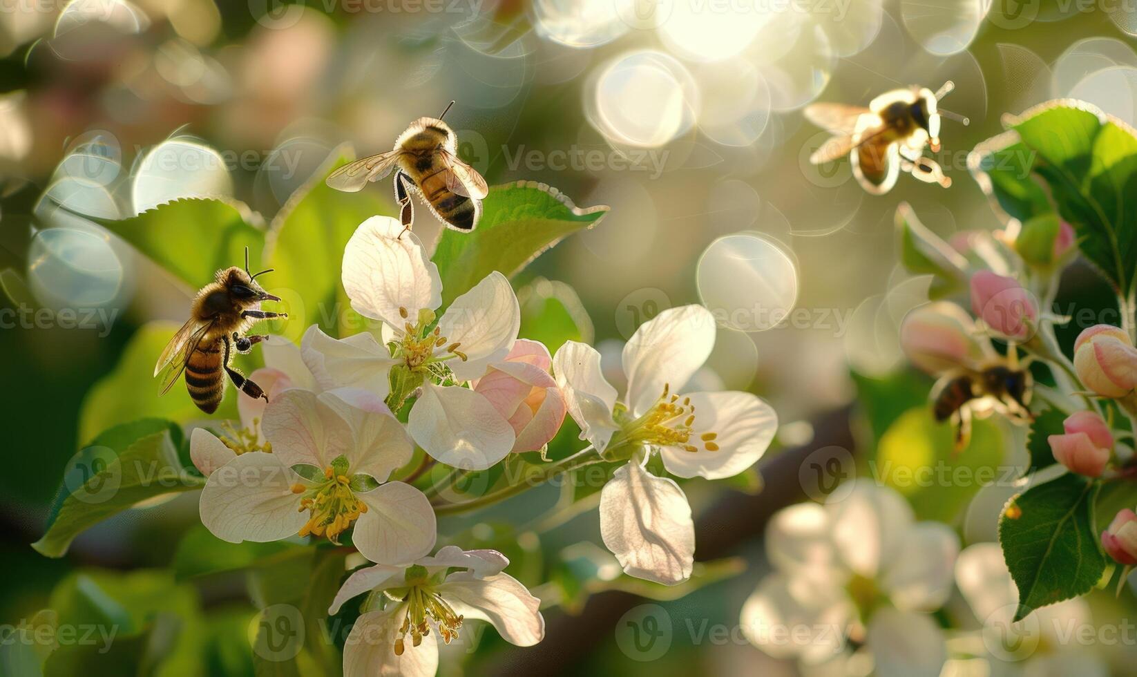 Bees buzzing around a blossoming apple tree, sunset light, closeup view, soft focus photo
