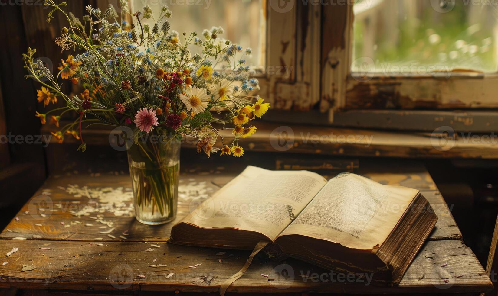 antiguo escritorio con un abierto antiguo libro y un florero de flores silvestres foto