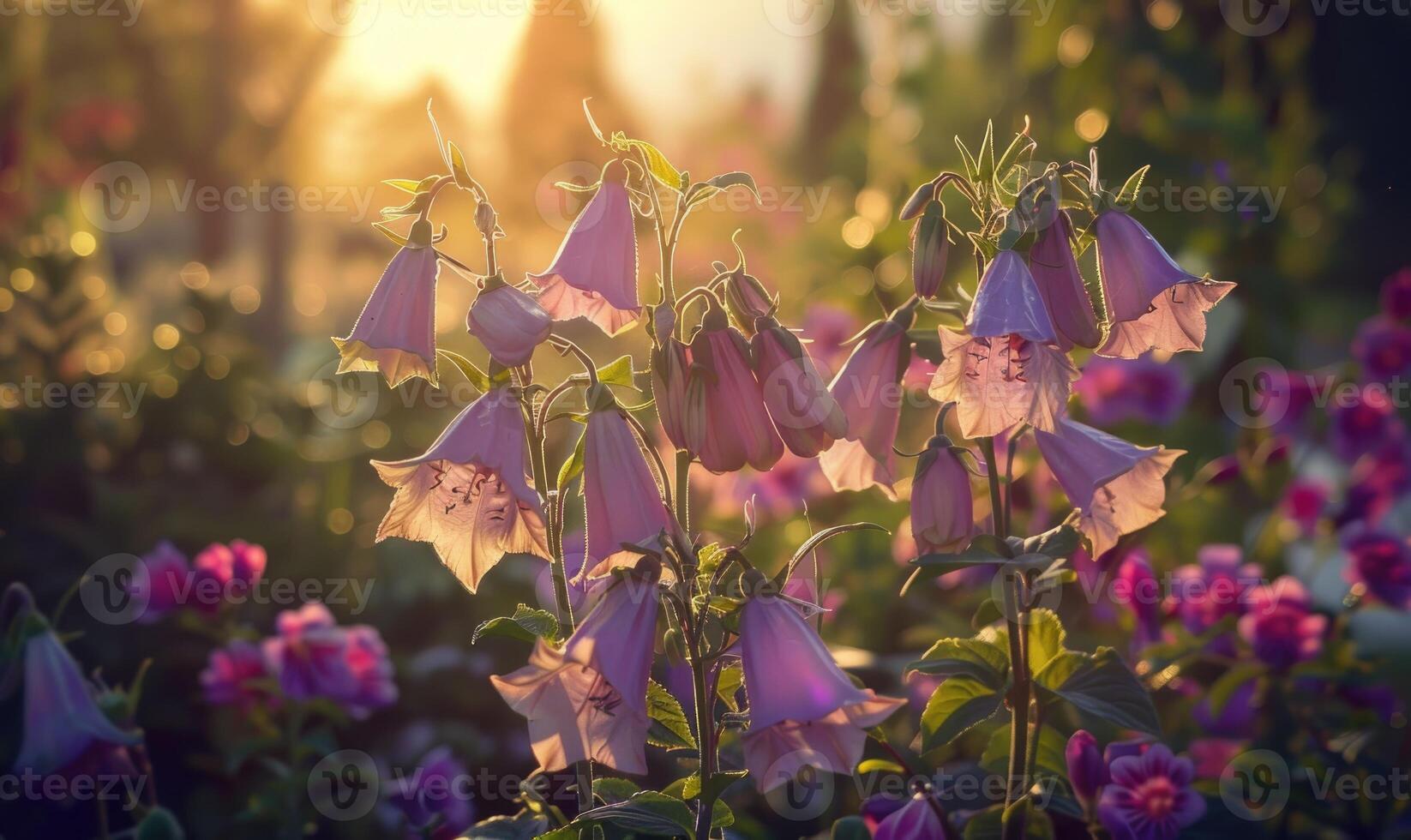Bellflowers blooming in a cottage garden, closeup view, soft focus photo
