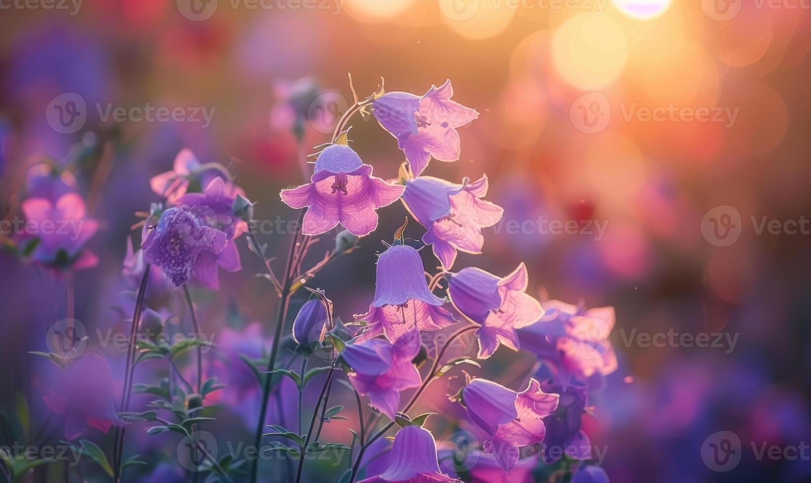 Bellflowers blooming in a cottage garden, closeup view, soft focus photo