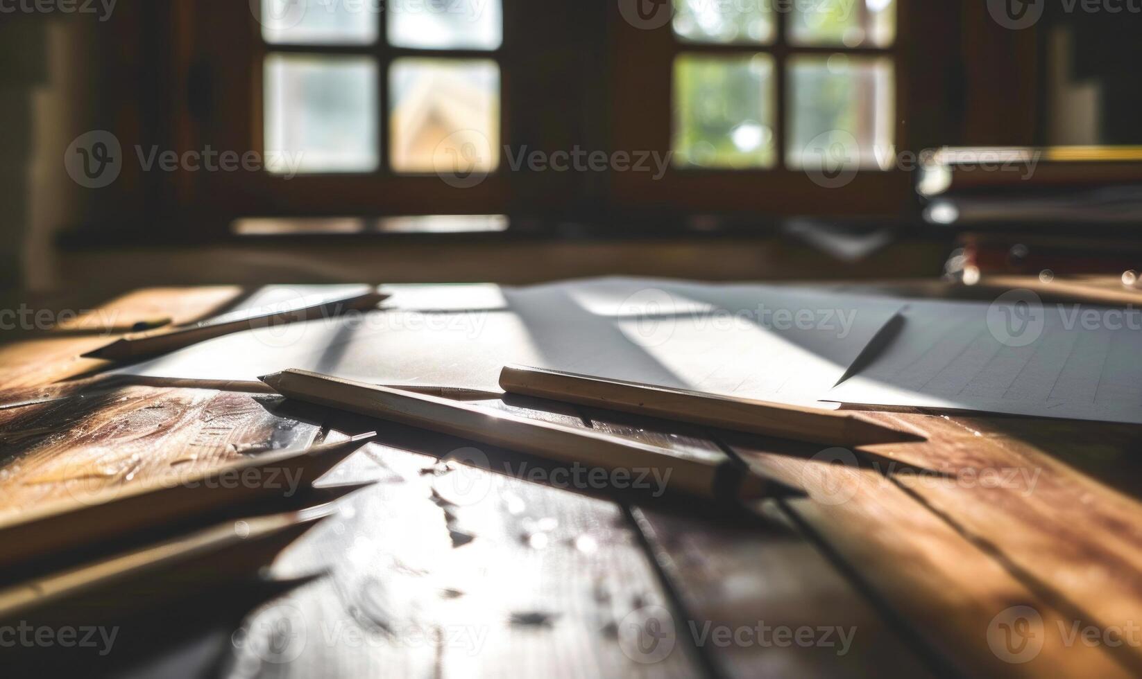 Graphite pencils and white paper illuminated by natural through a window photo