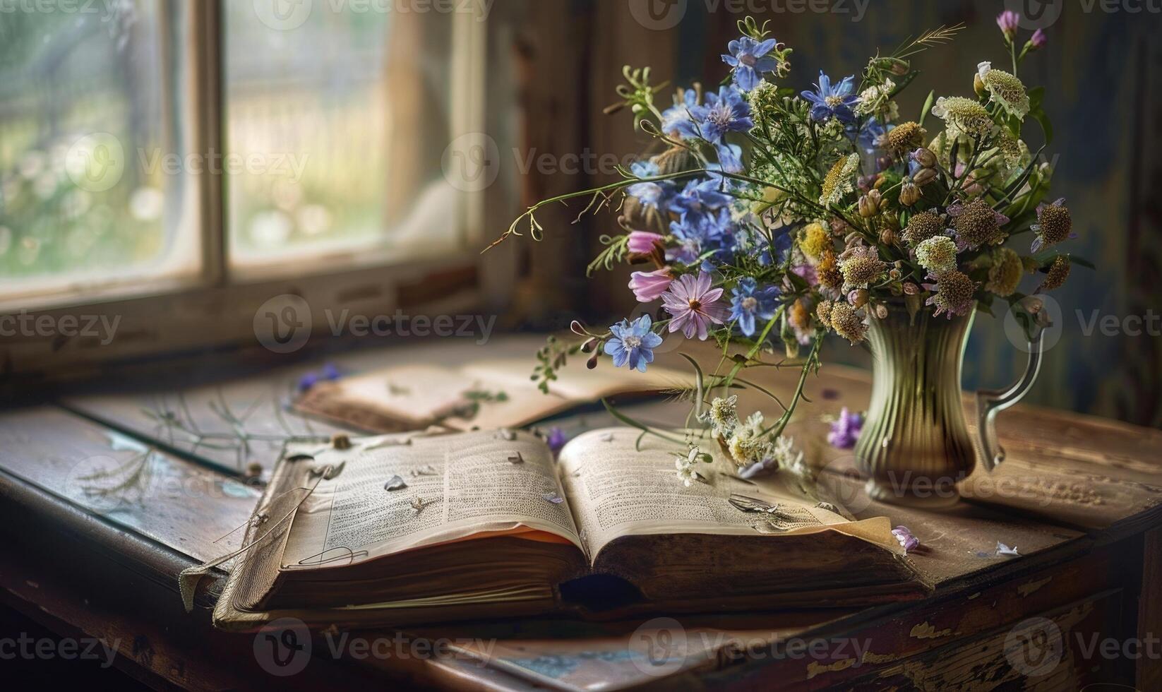 antiguo escritorio con un abierto antiguo libro y un florero de flores silvestres foto