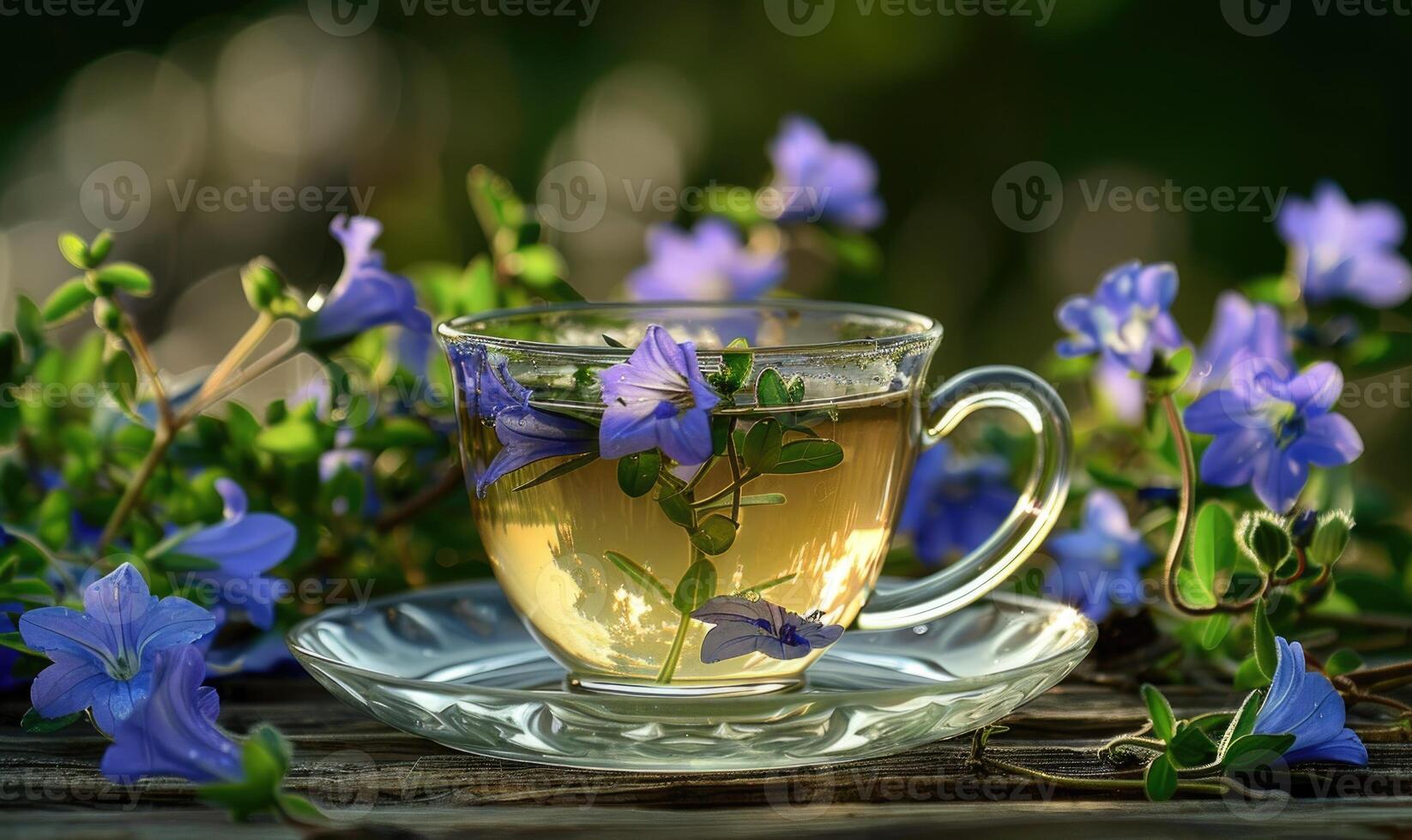 Bellflower tea in a glass cup, herbal tea photo