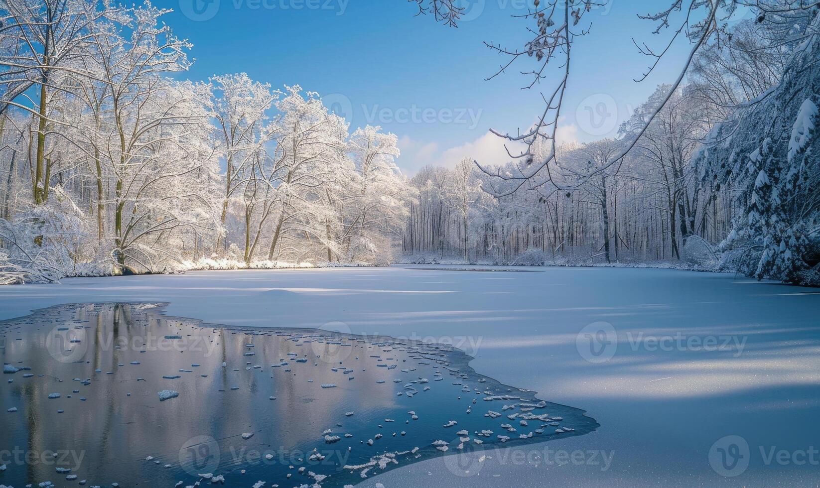 A winter landscape with a frozen lake and snow-covered forest photo