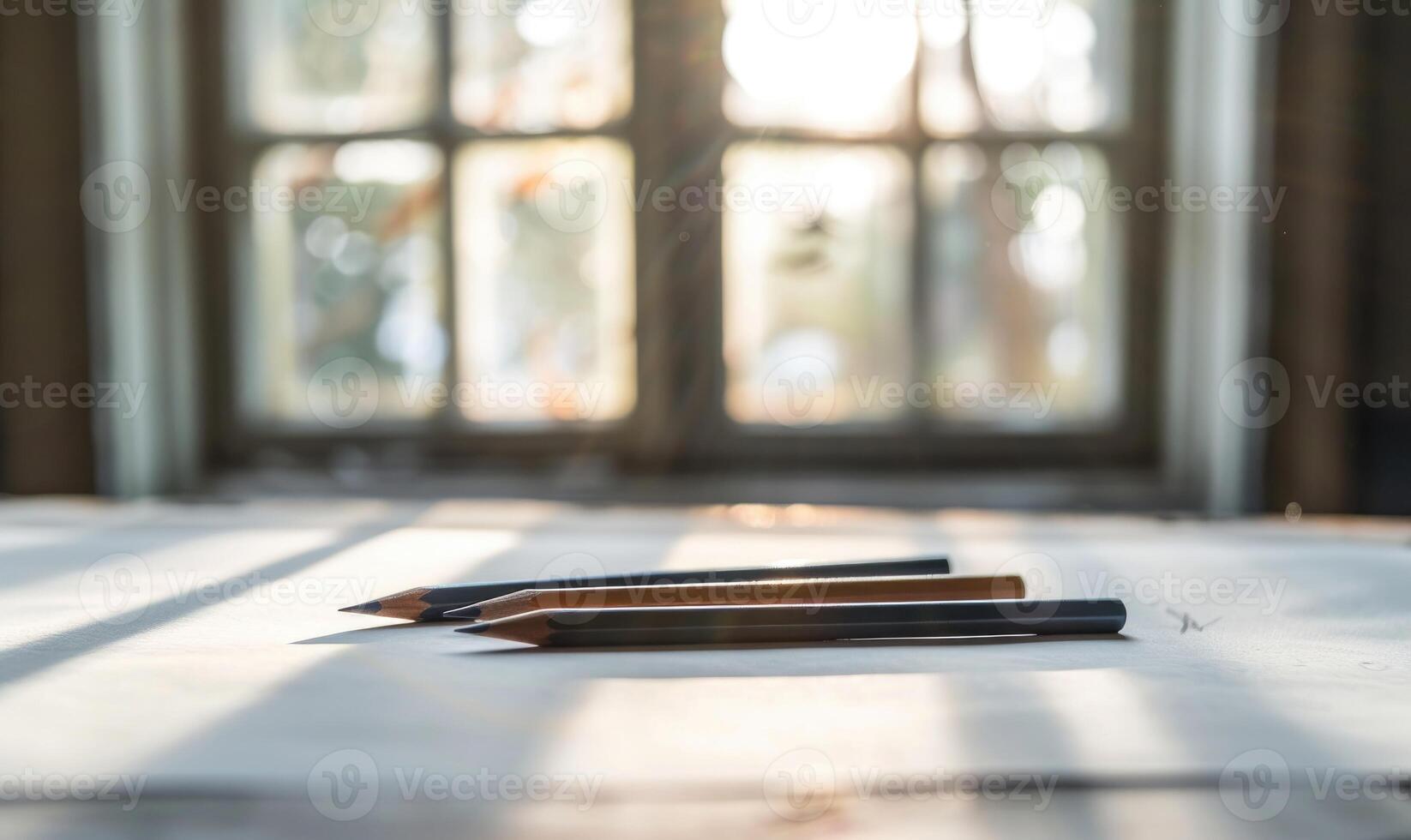 Graphite pencils and white paper illuminated by natural through a window photo