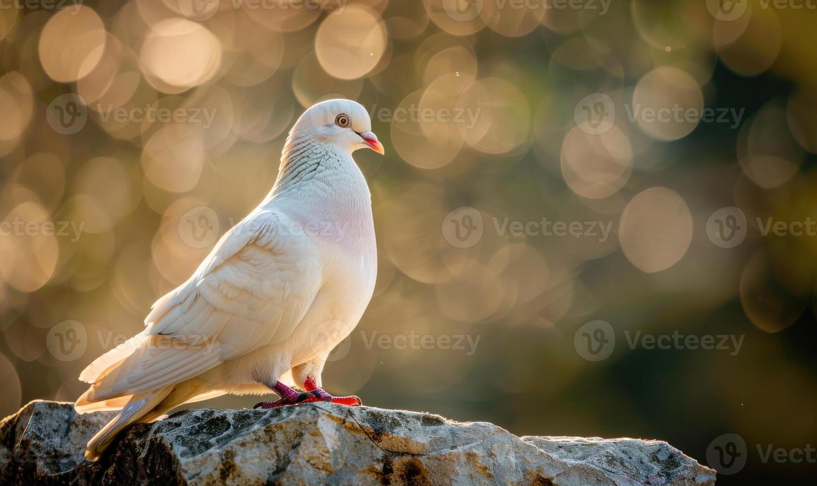 Close-up of a majestic white pigeon perched on a stone ledge photo