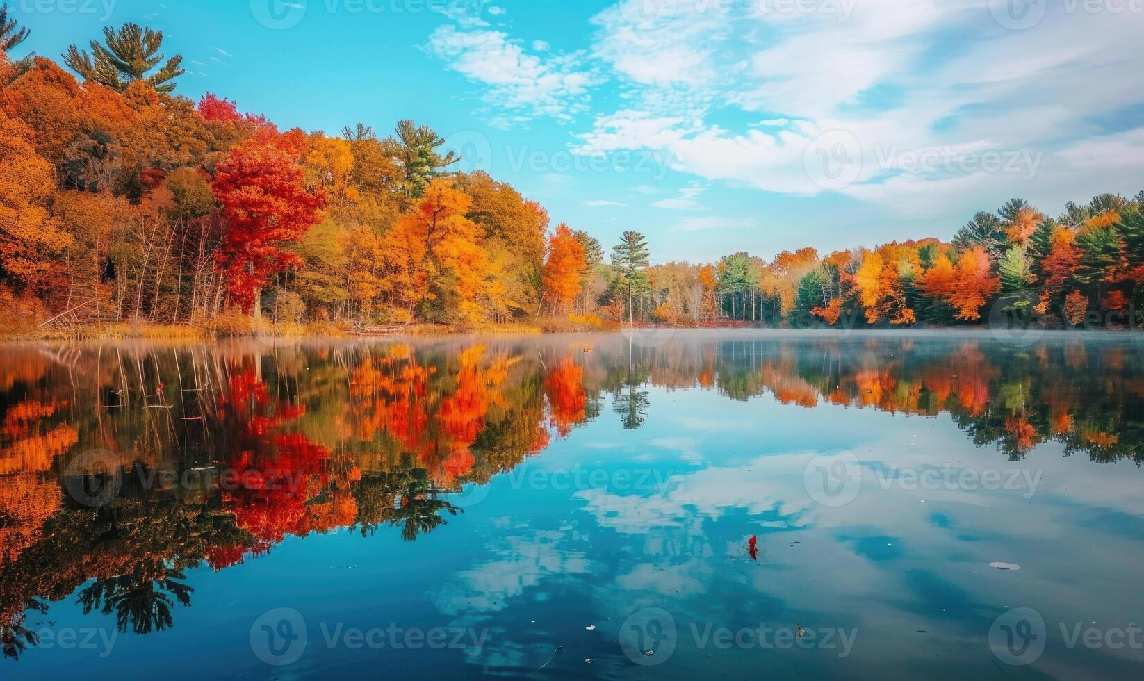 Autumn foliage reflected in the calm waters of the lake, nature background photo