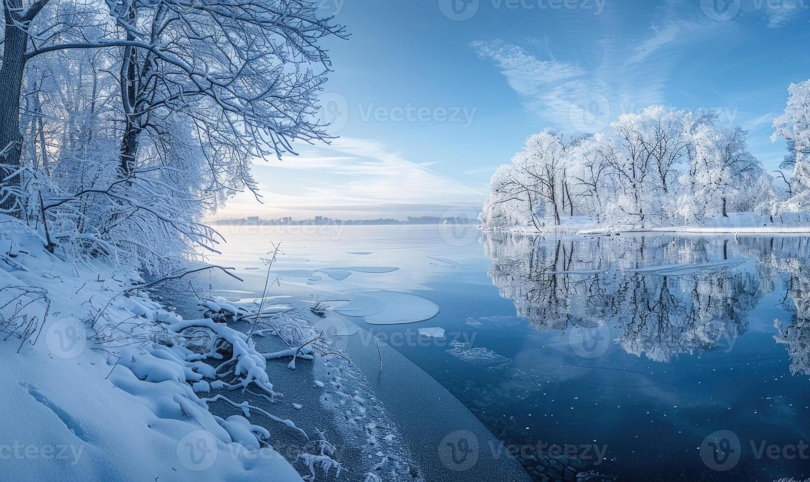 A winter landscape with a frozen lake and snow-covered forest photo
