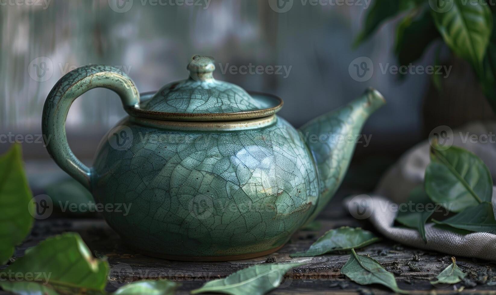 Bergamot tea leaves and ceramic teapot photo