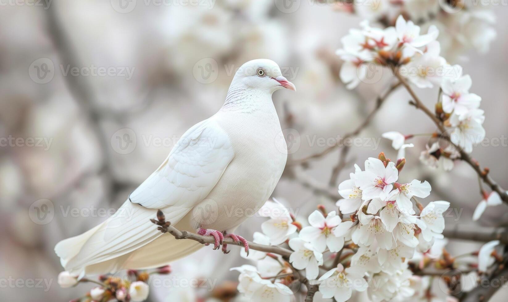 Close-up of a white pigeon perched on a blossoming cherry tree branch photo