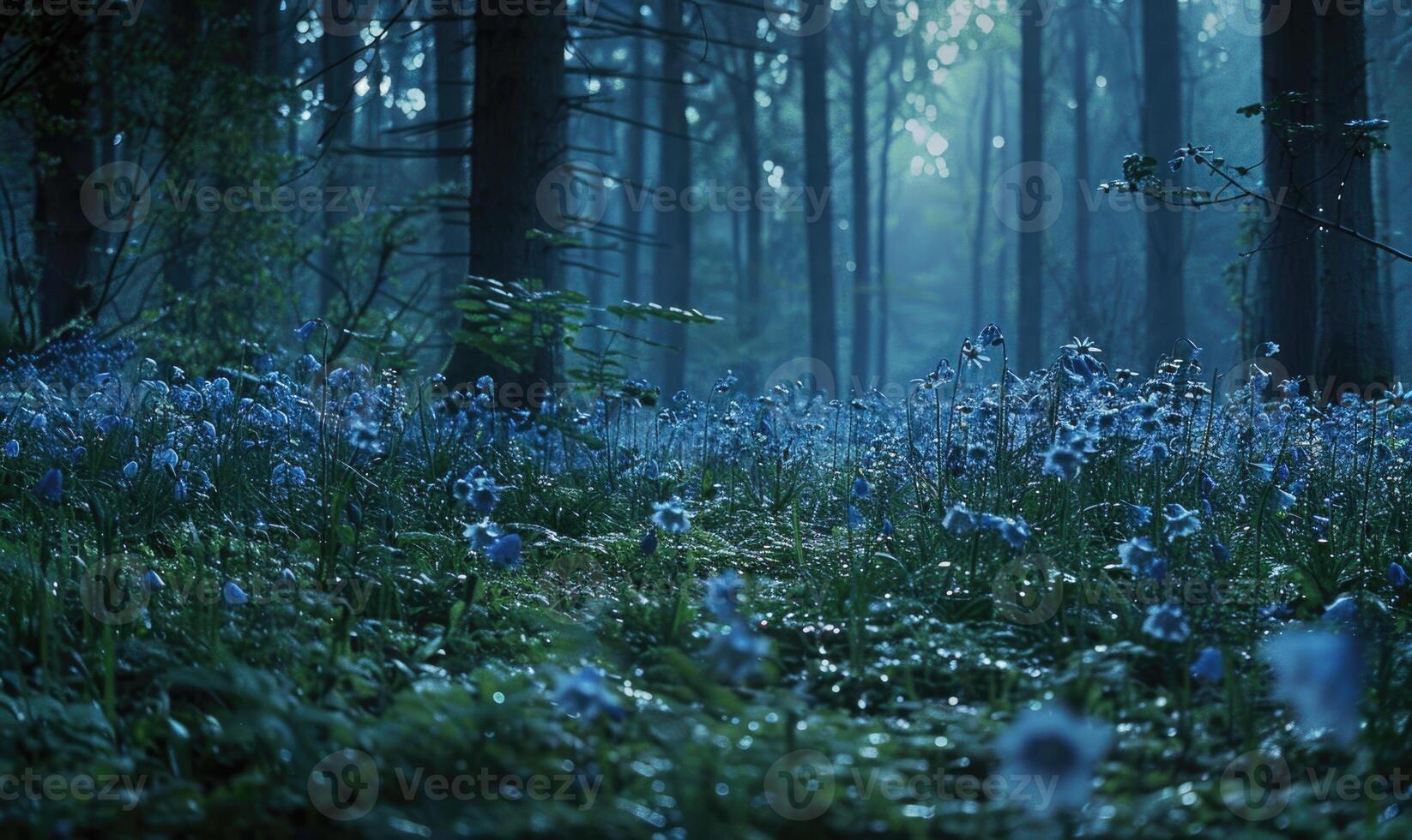 Bellflowers in a woodland clearing, closeup view, selective focus photo