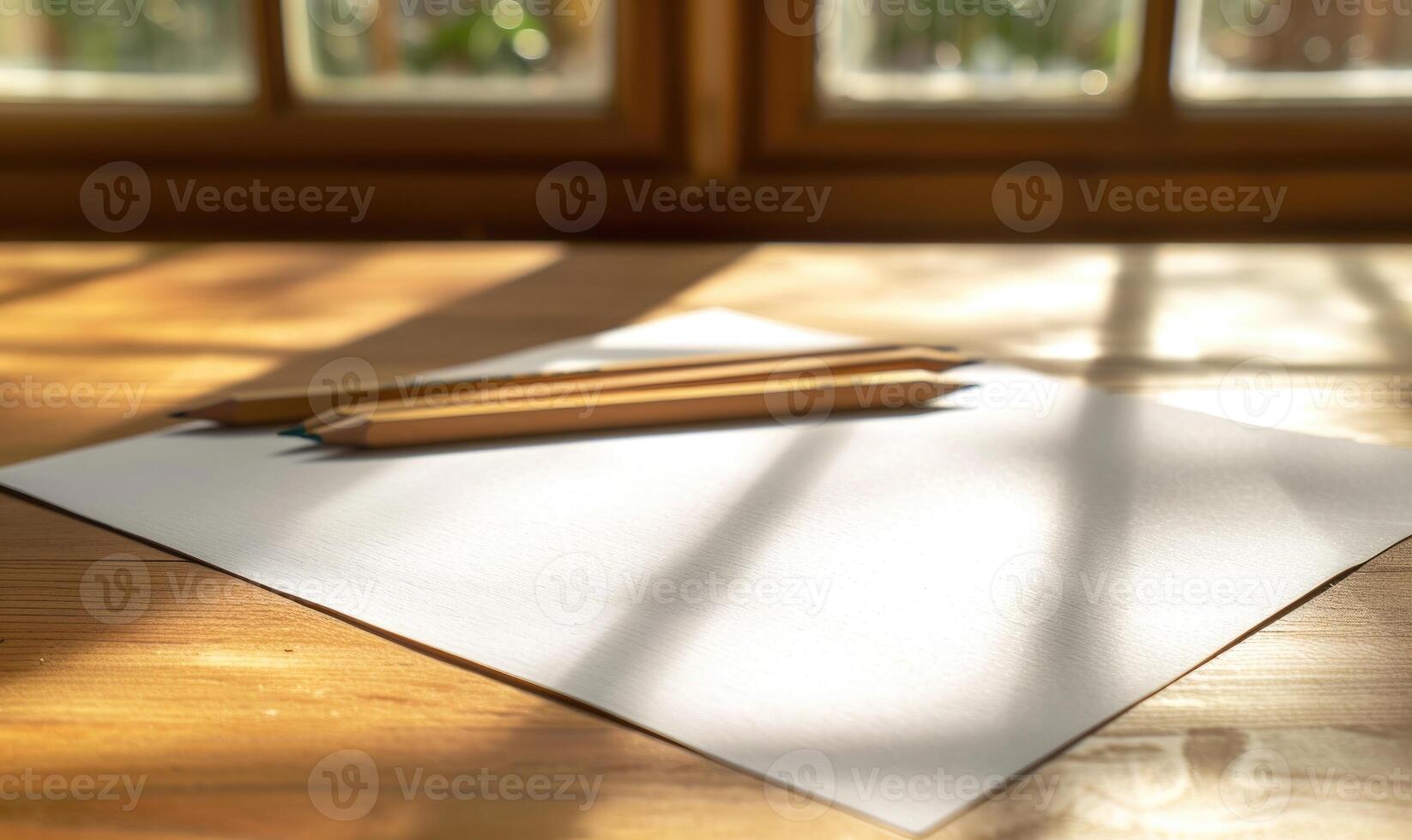 Graphite pencils and white paper illuminated by natural through a window photo