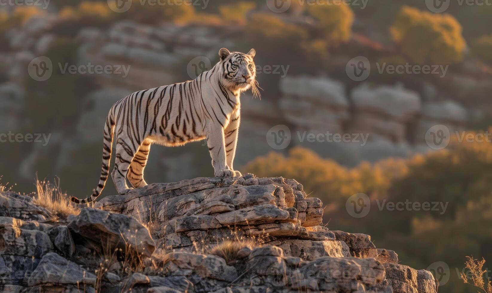 A white tiger standing tall on a rocky outcrop photo