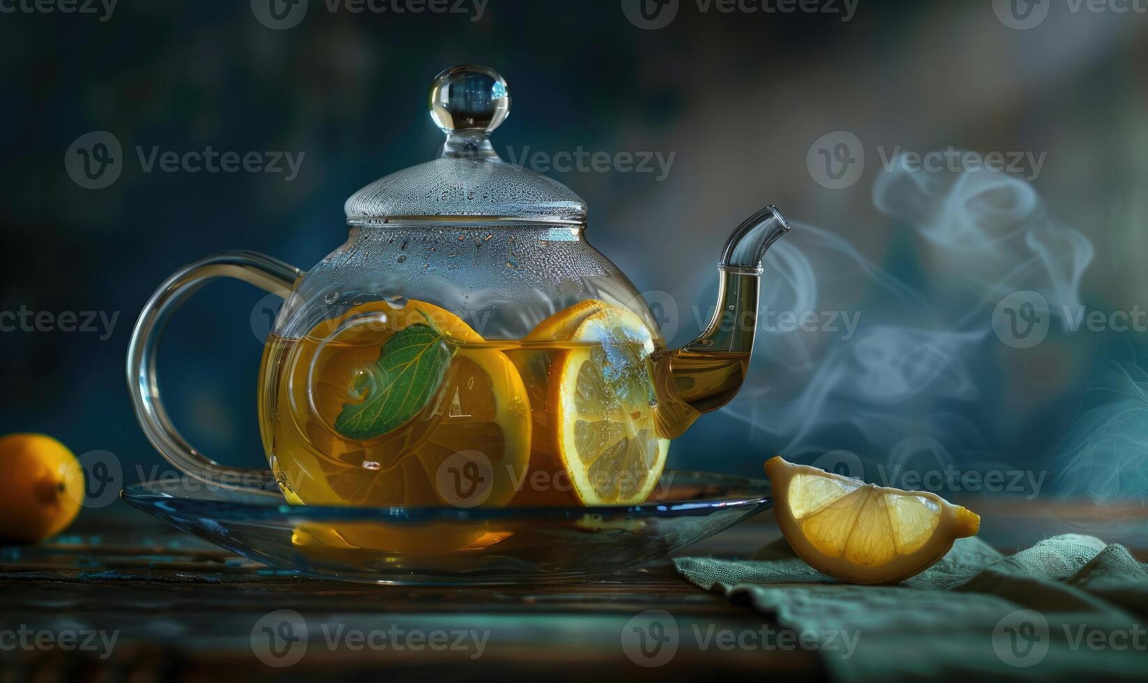 Bergamot tea brewing in a glass teapot photo
