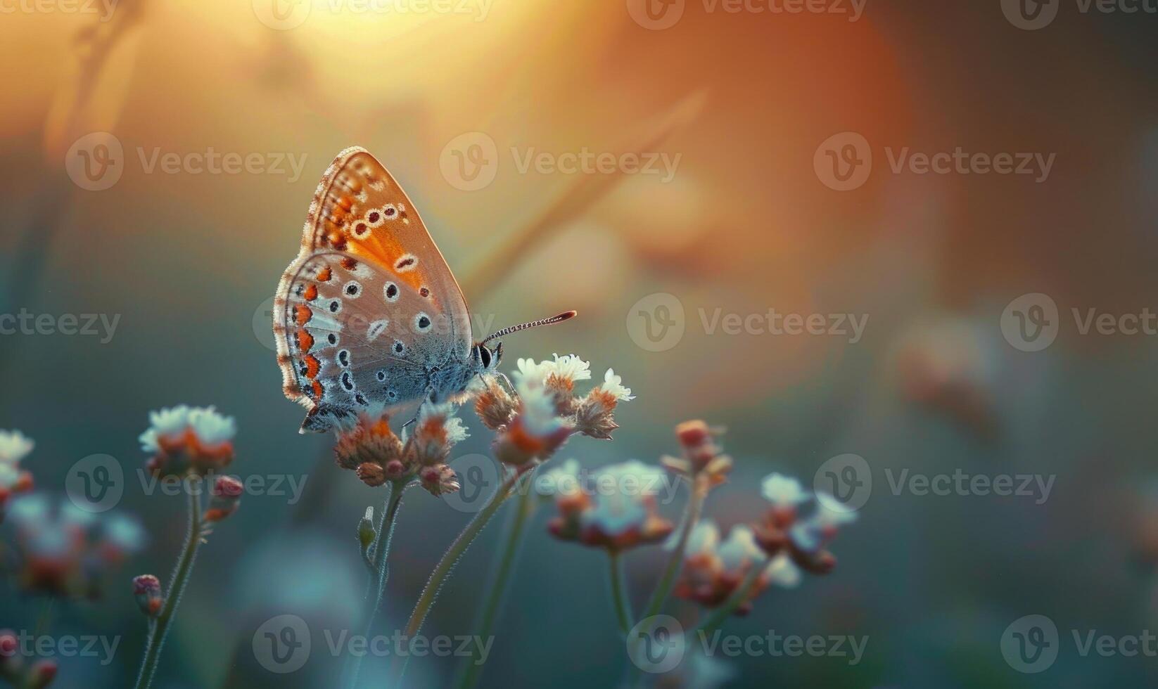 Butterfly amidst wildflowers, closeup view, selective focus, spring nature photo