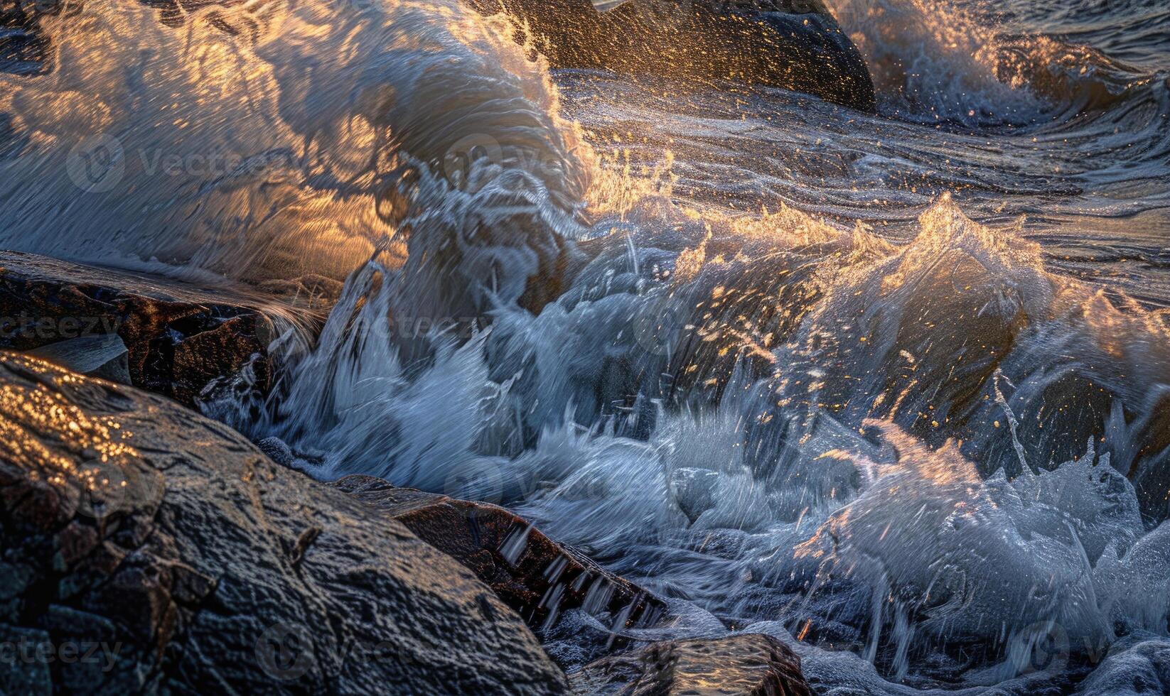 Close-up of waves crashing against rocks along the shoreline photo