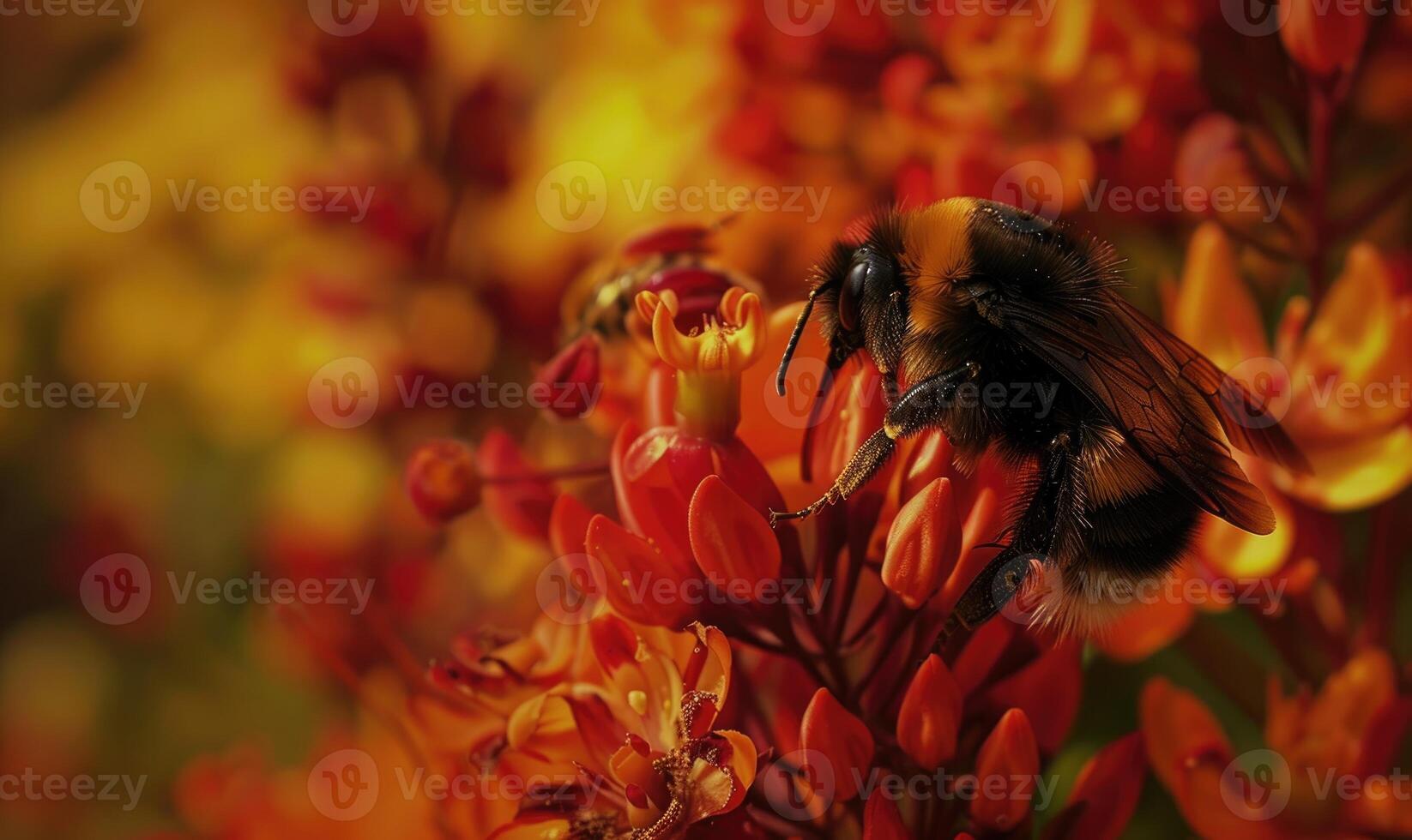 Bumblebee collecting pollen from flowers, closeup view, selective focus photo