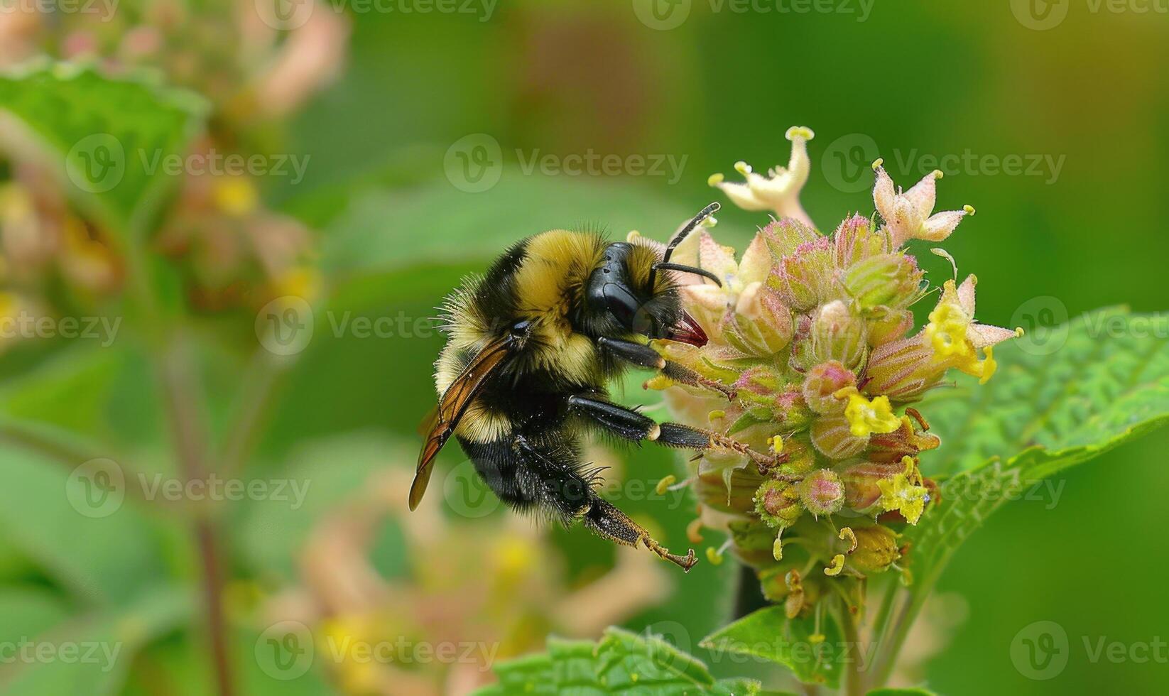 Bumblebee collecting pollen from flowers, closeup view, selective focus photo