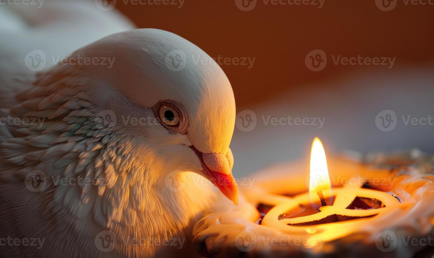 Close-up of a white pigeon with glowing candle with a peace symbol carved into it photo