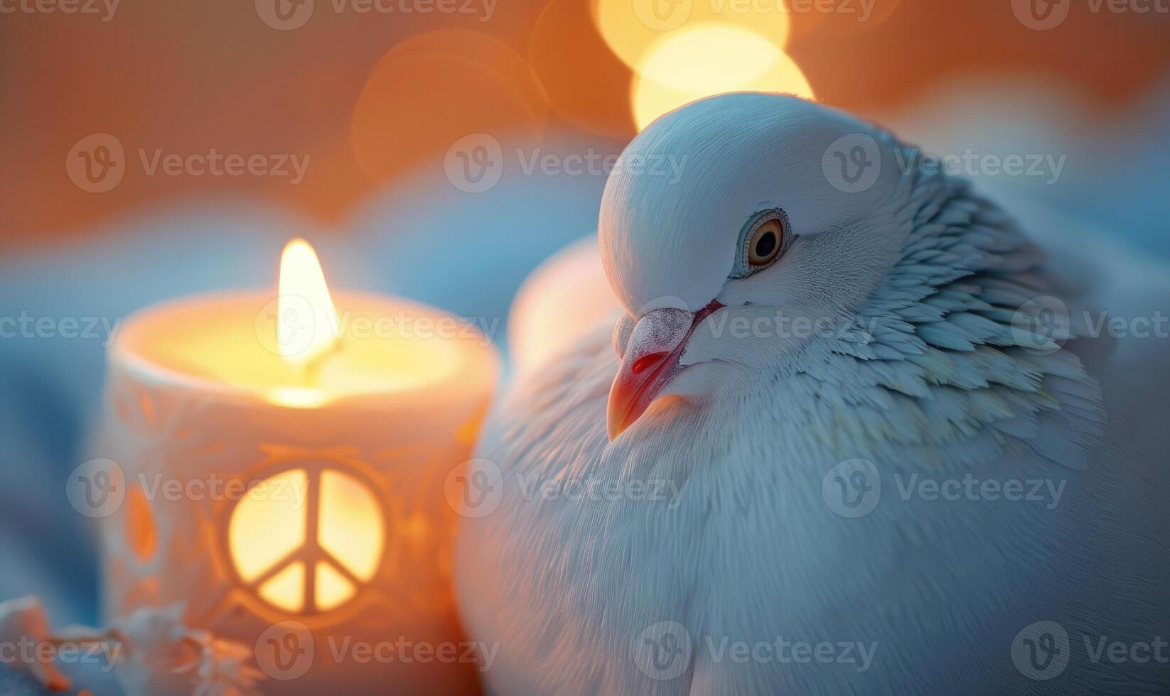 Close-up of a white pigeon with glowing candle with a peace symbol carved into it photo