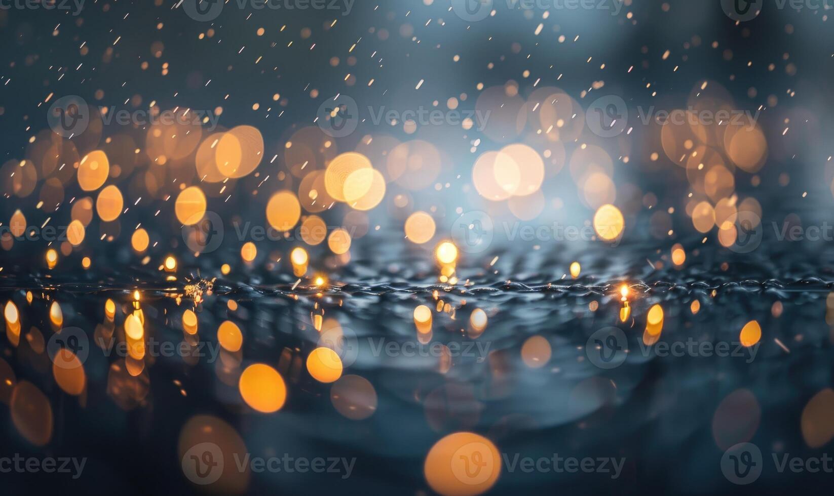 Bokeh lights reflecting off water droplets on a rainy day photo