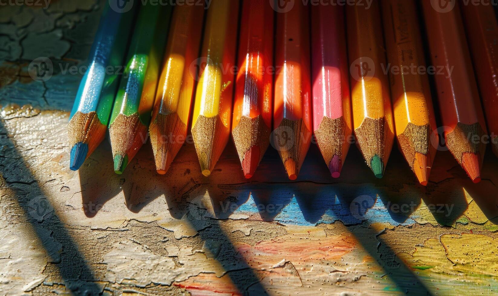Colored pencils casting shadows on a textured surface photo