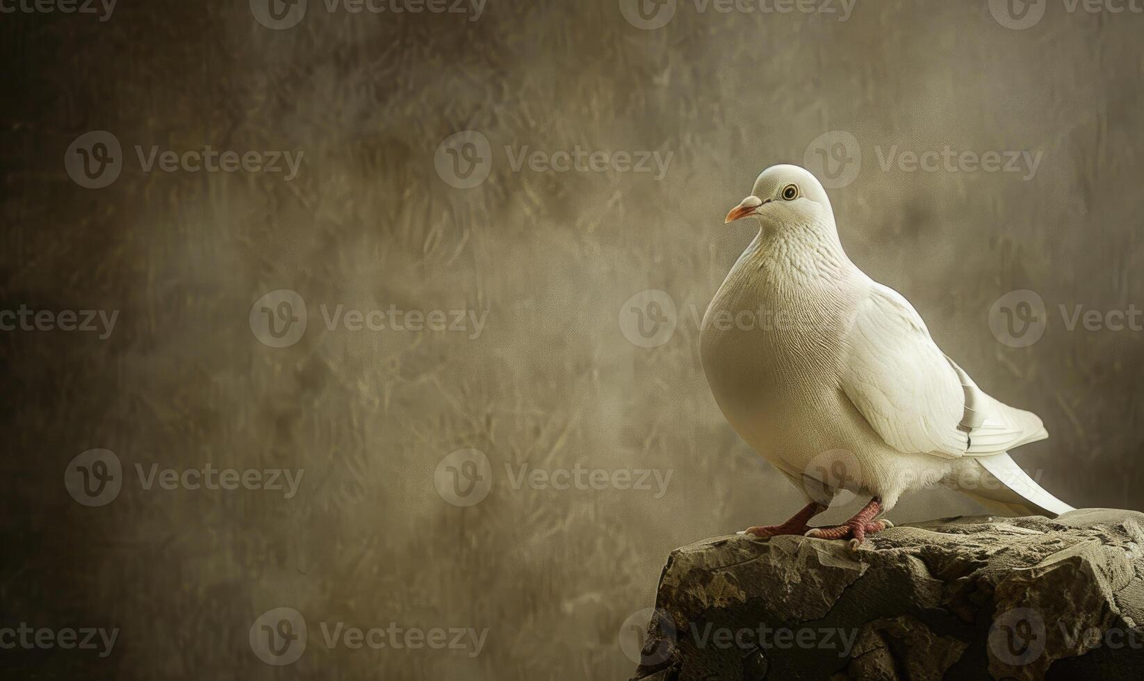 Close-up of a majestic white pigeon perched on a stone ledge photo