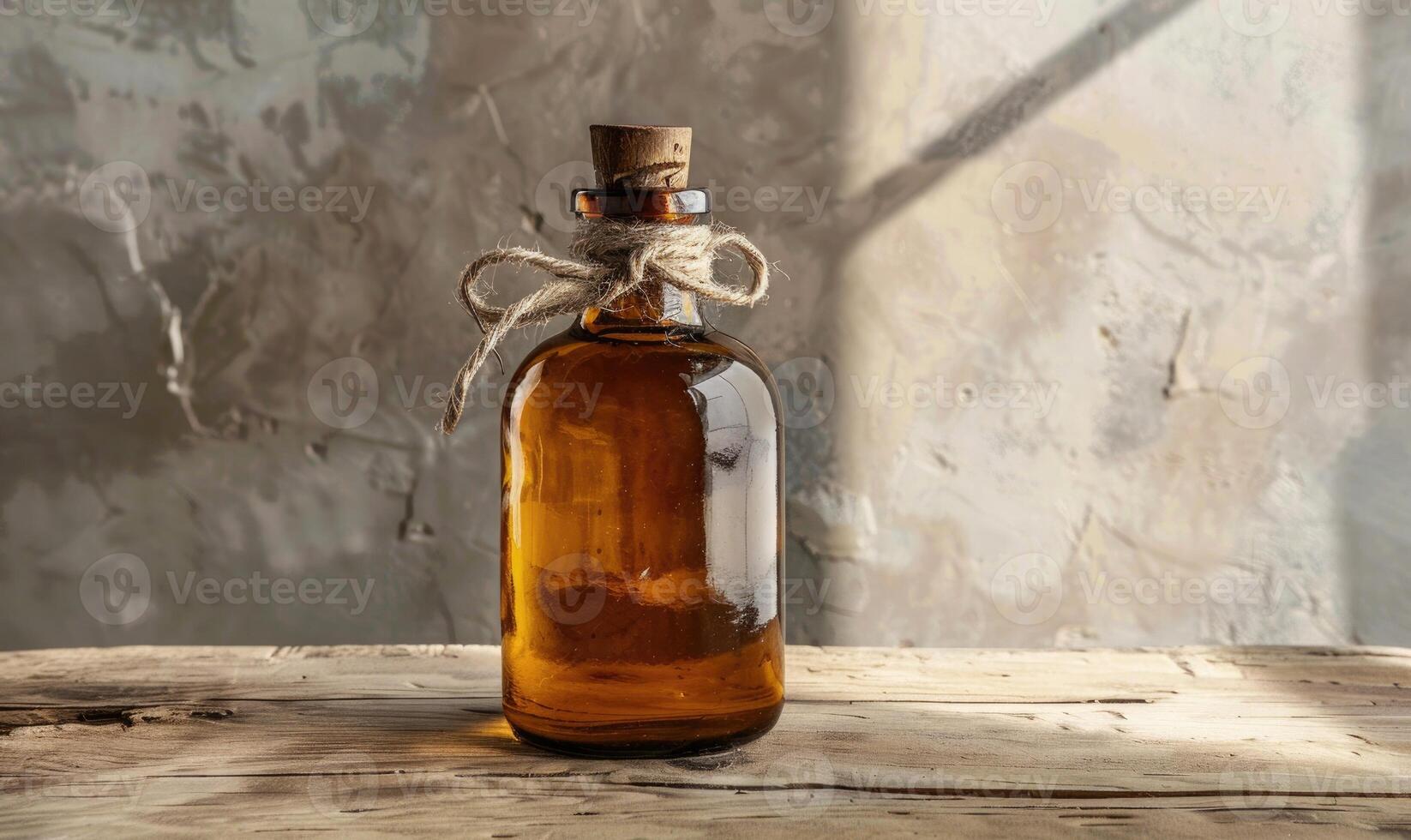 Amber glass bottle mockup containing premium organic oil, beauty care produce background photo