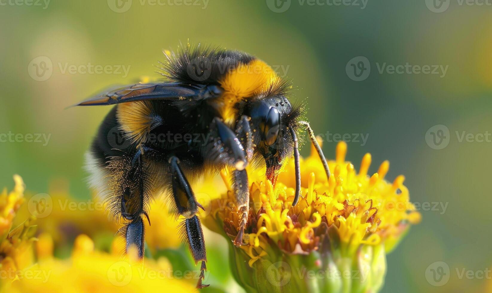 Bumblebee collecting pollen from flowers, closeup view, selective focus photo