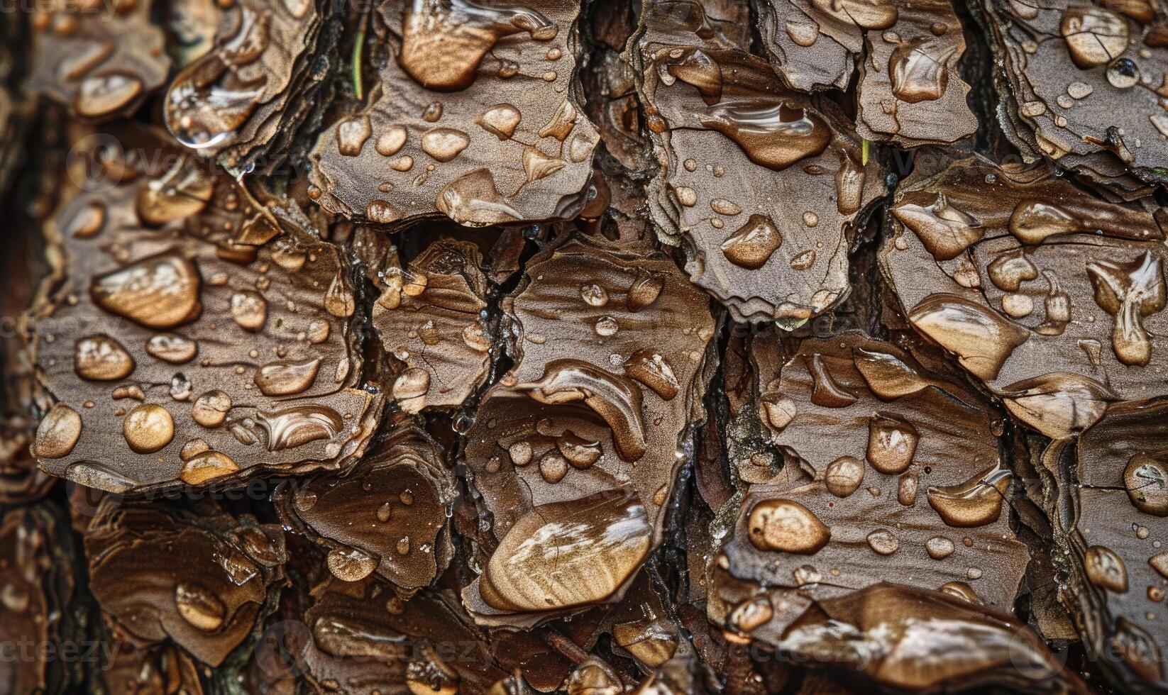 de cerca de cedro ladrar con gotas de lluvia pegajoso a sus texturizado superficie foto