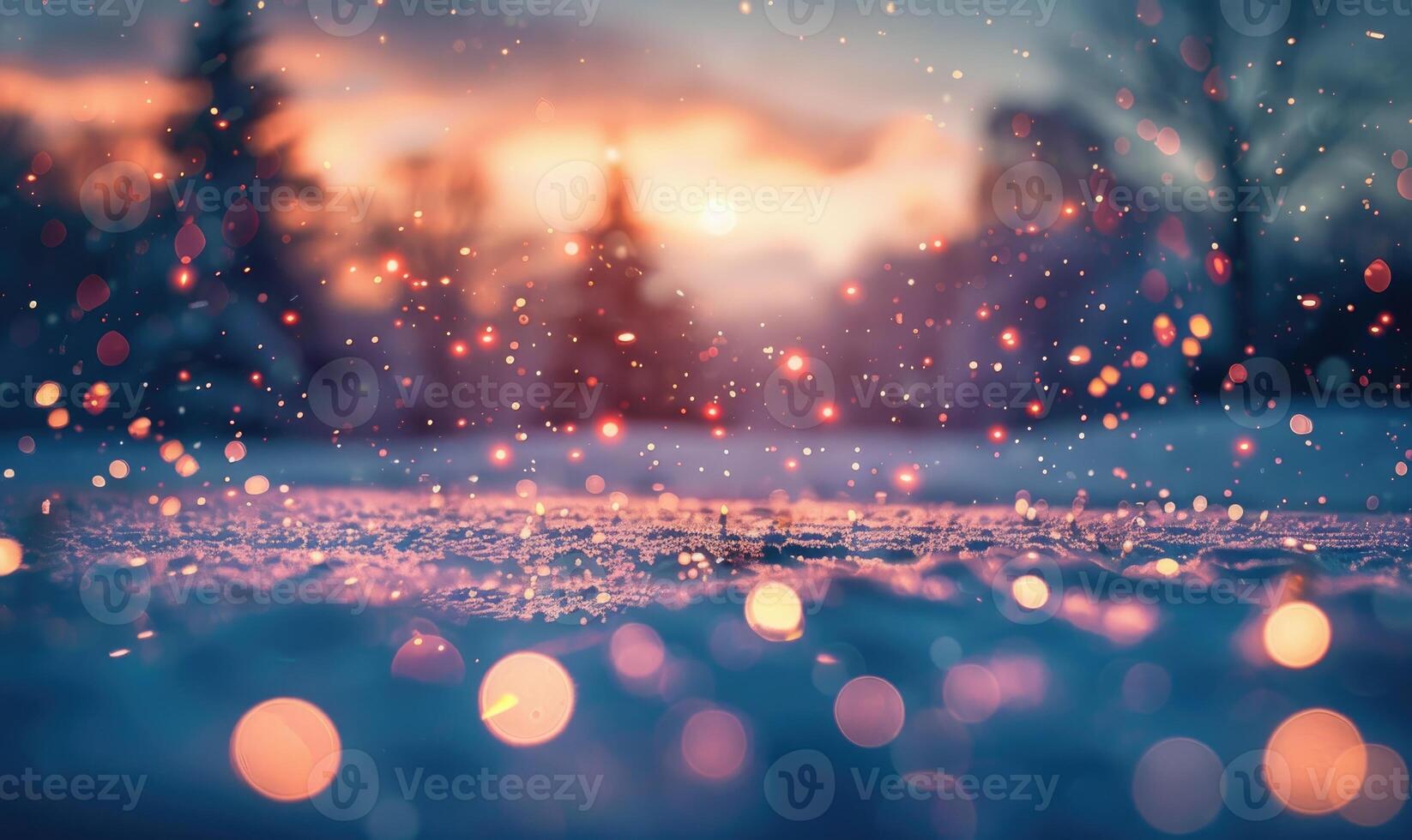 Bokeh lights sparkling against a snowy landscape, closeup view photo