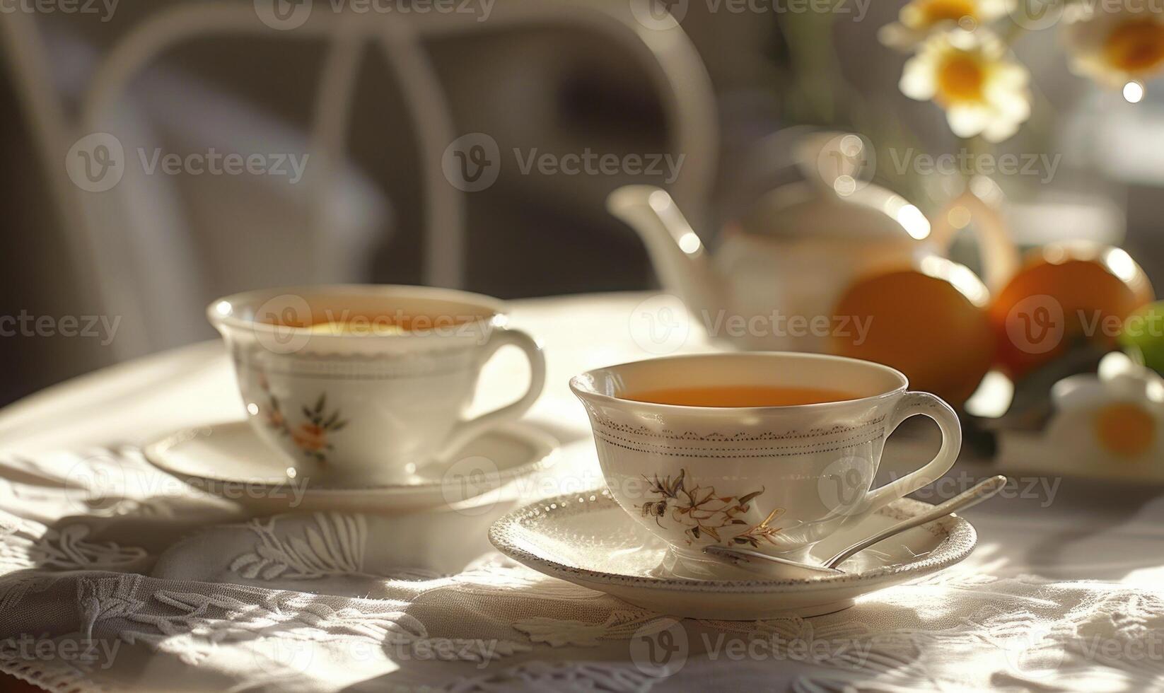 Two cups of tea served in delicate porcelain cups photo