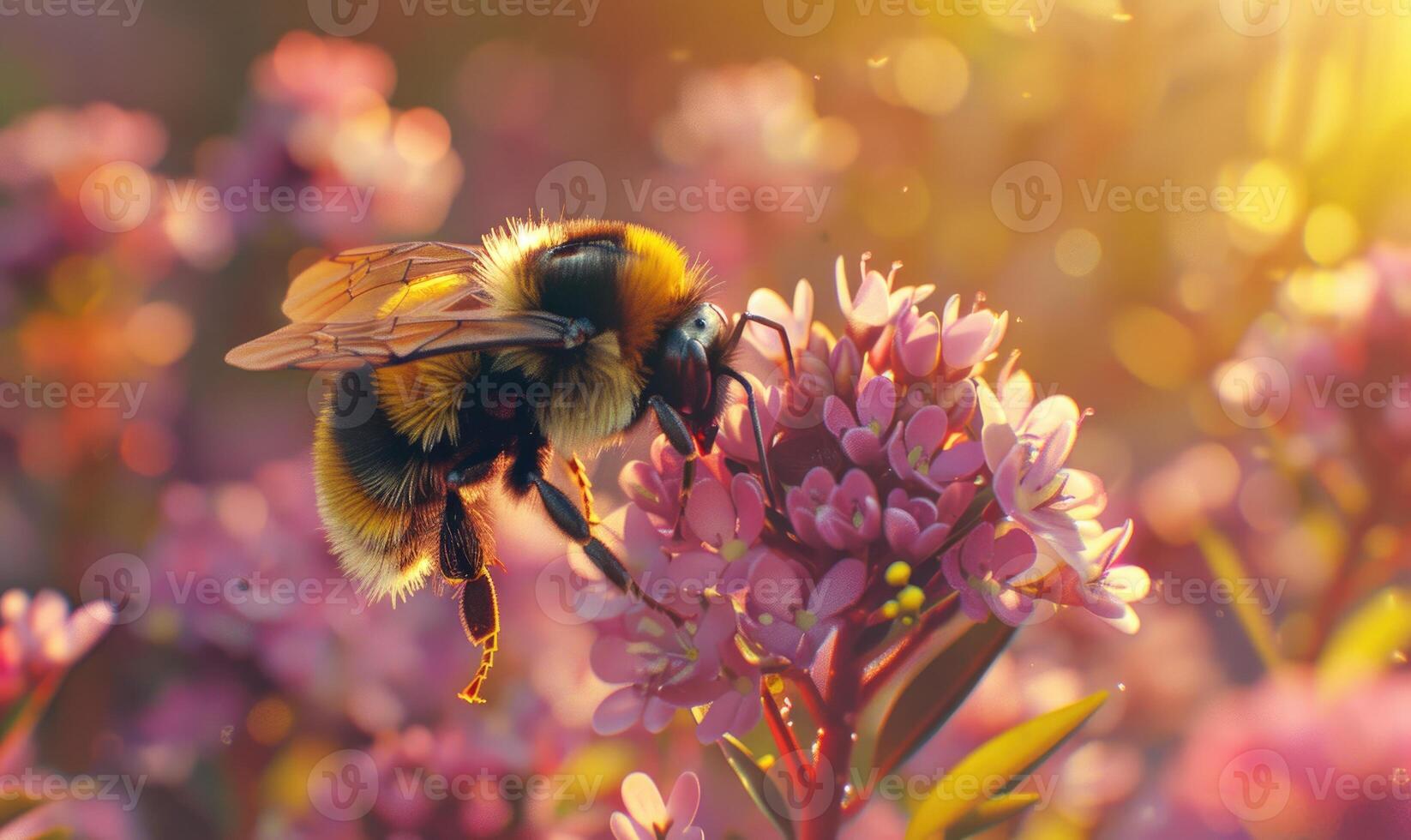 Bumblebee collecting pollen from flowers, closeup view, selective focus photo