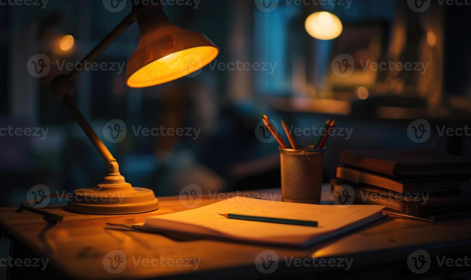 Graphite pencils and white paper illuminated by the soft glow of a desk lamp photo