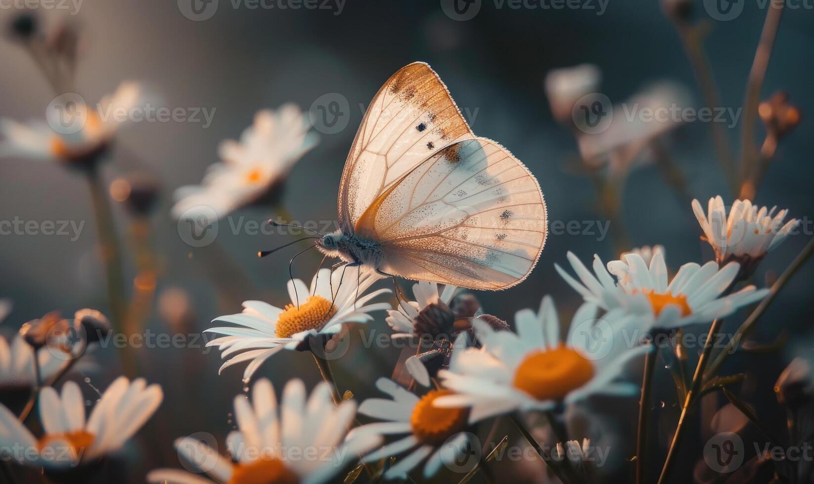 Butterfly amidst wildflowers, closeup view, selective focus, spring nature photo