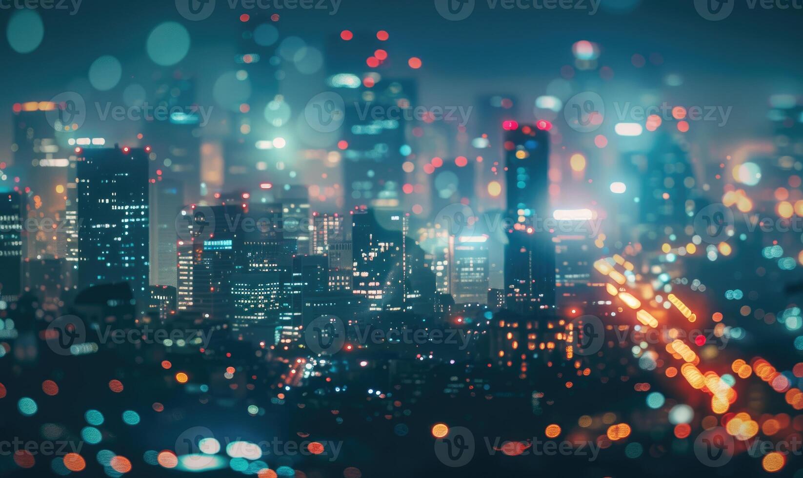 Bokeh lights creating an ethereal backdrop for a nighttime cityscape photo