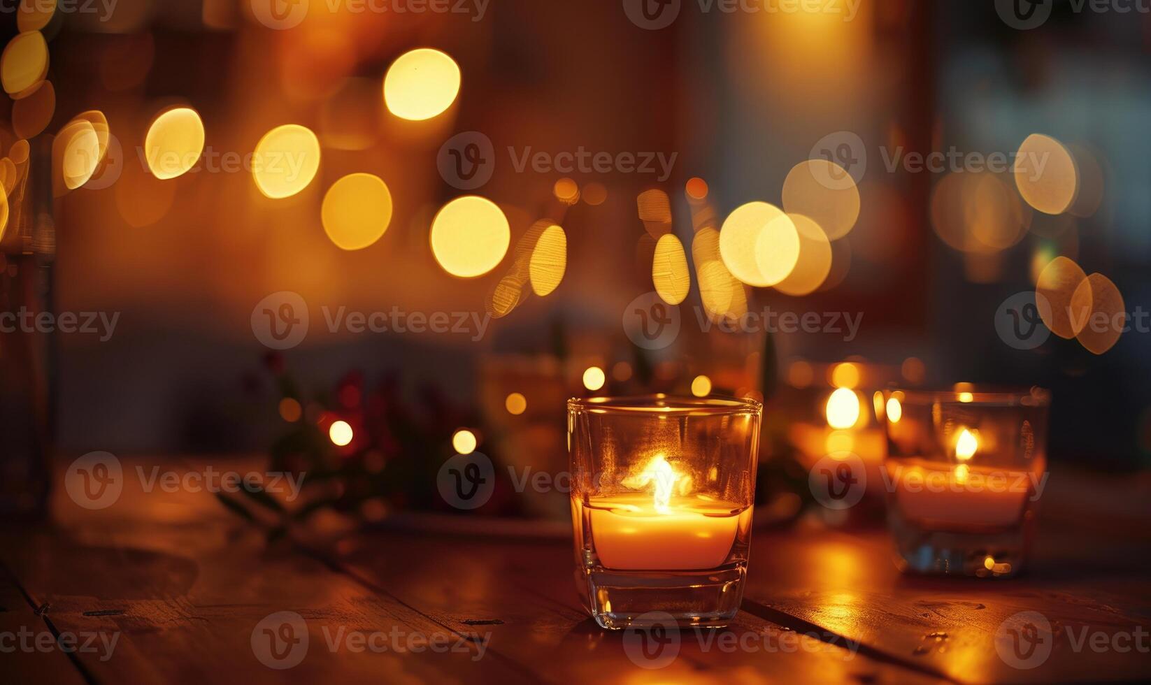 Bokeh lights in warm tones casting a soft glow in a cozy indoor setting photo