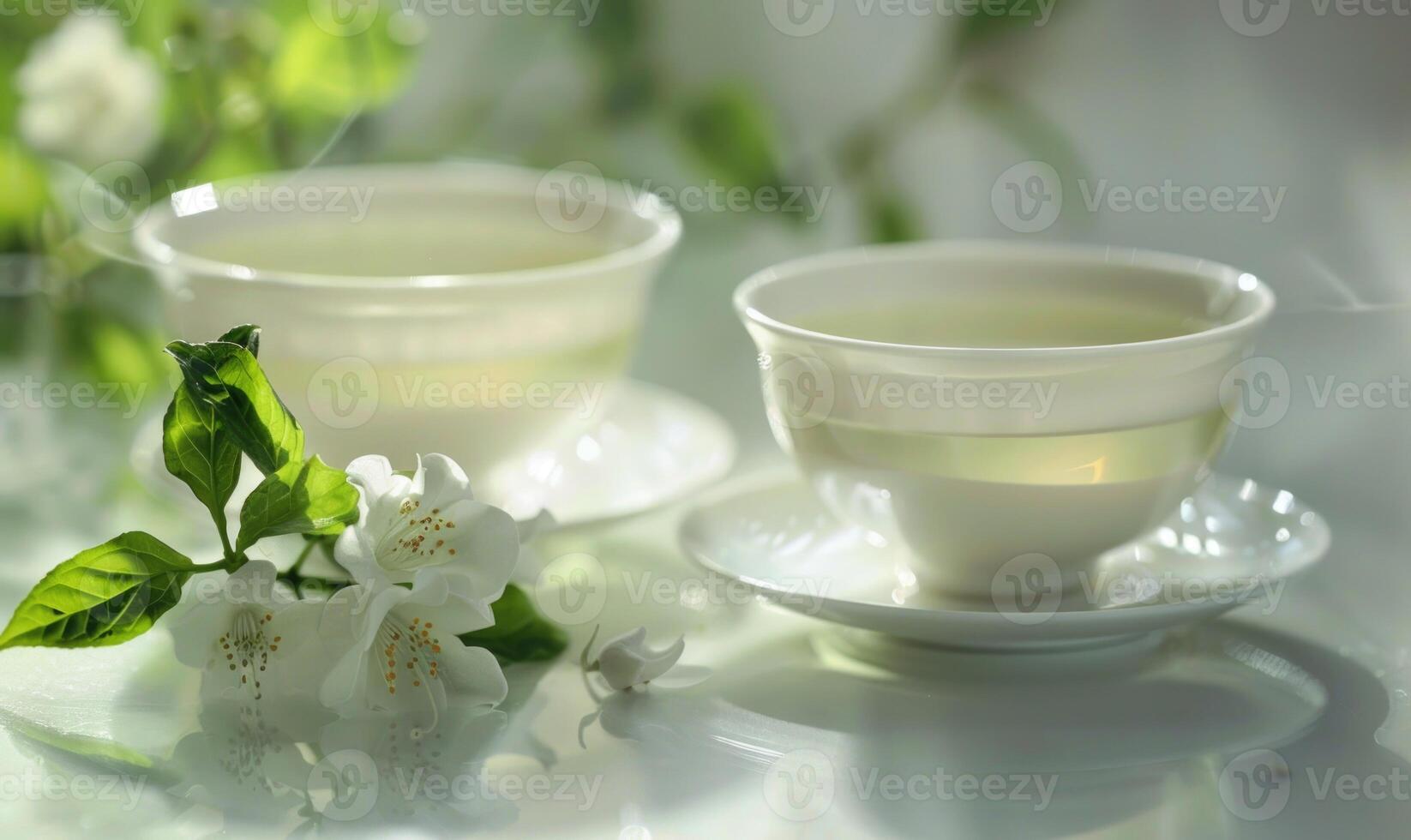 Herbal tea in porcelain cups with Jasmine flower on table photo