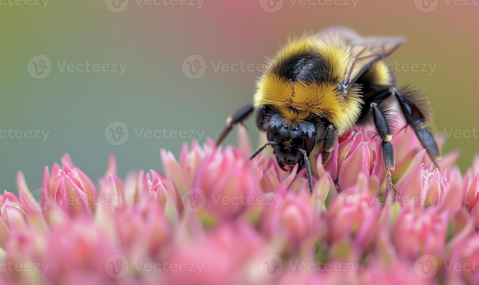 Bumblebee collecting pollen from flowers, closeup view, selective focus photo