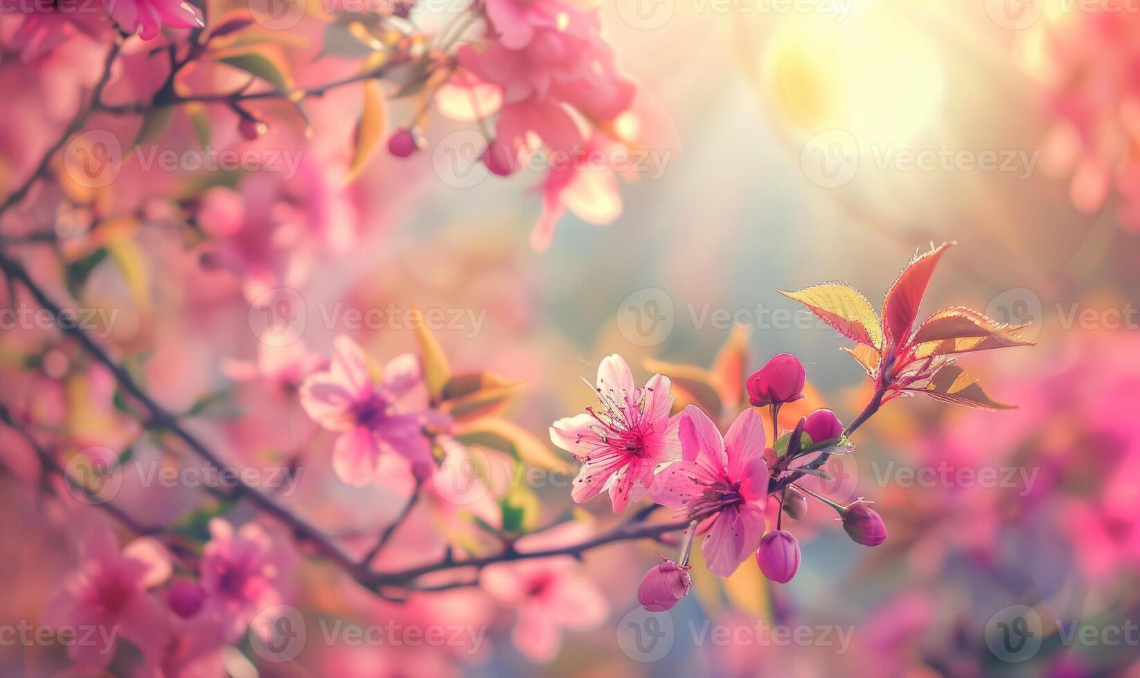 Blooming cherry blossom tree, closeup view, selective focus, bokeh photo