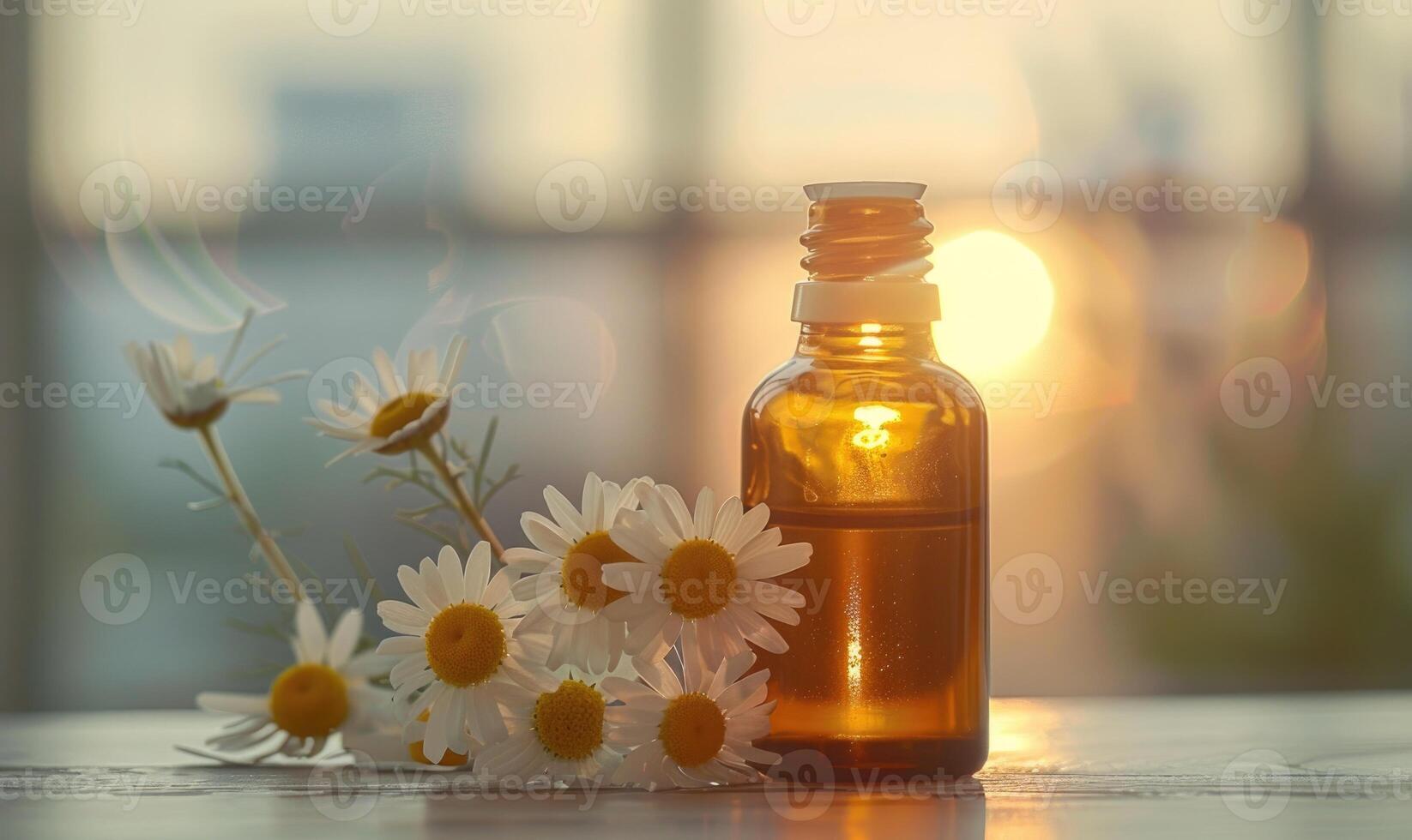 Chamomile essential oil bottle and chamomile flowers closeup, skin care cosmetic concept photo