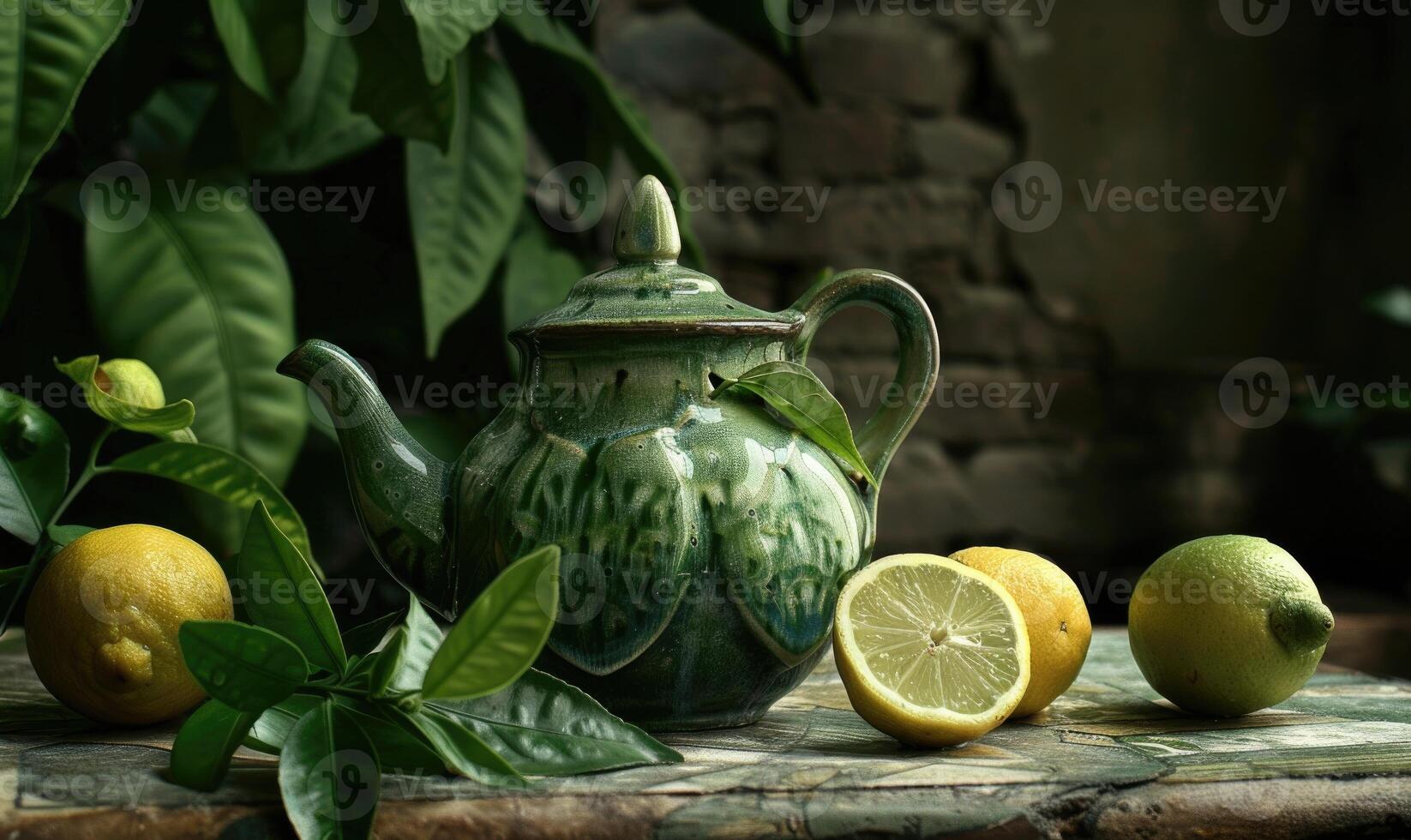 Bergamot tea leaves in a ceramic teapot, ceramic teapot, bergamot leaves and fresh lime still life photo