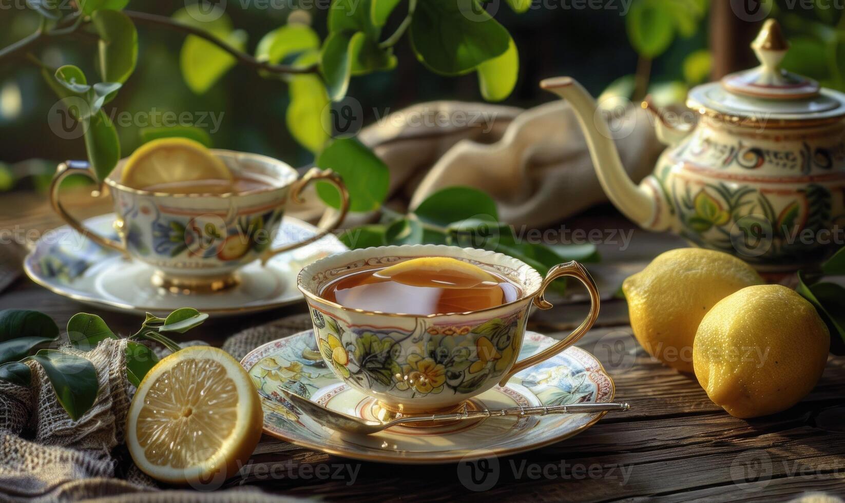 Bergamot tea served in delicate porcelain cups, closeup view photo